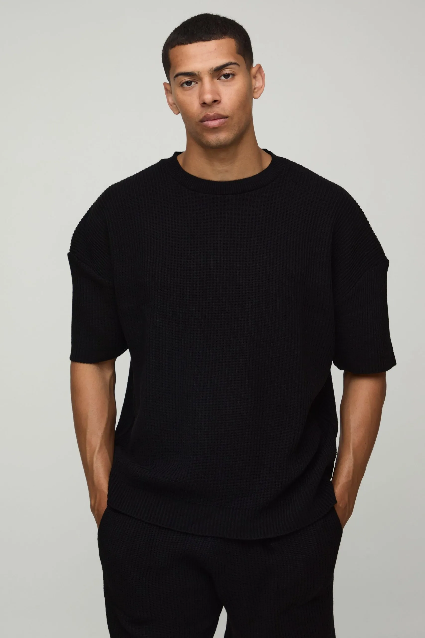 Boxy Fit Ribbed Knitted T-Shirt and Shorts Set