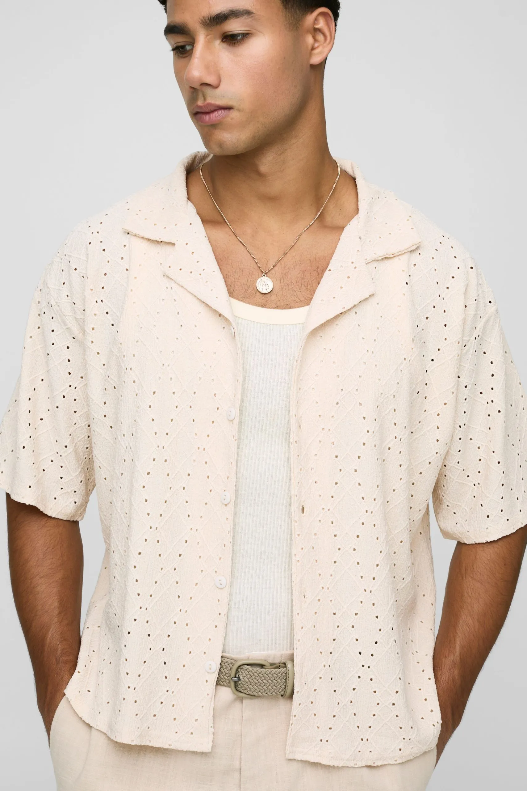 Oversized Boxy Revere Geometric Broderie Shirt