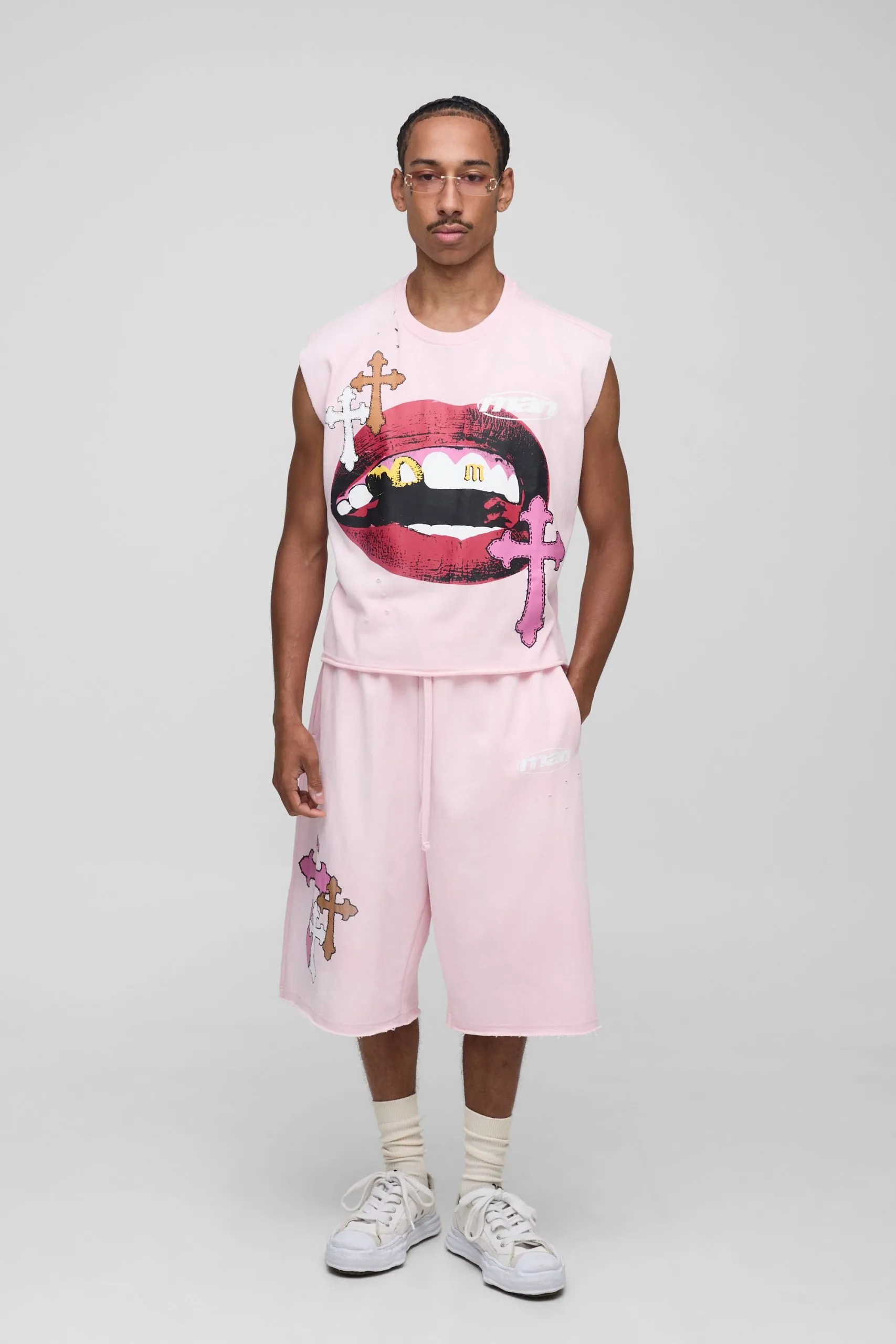 Oversized Shrunken Lips Graphic Washed Distressed Tank & Jorts Set