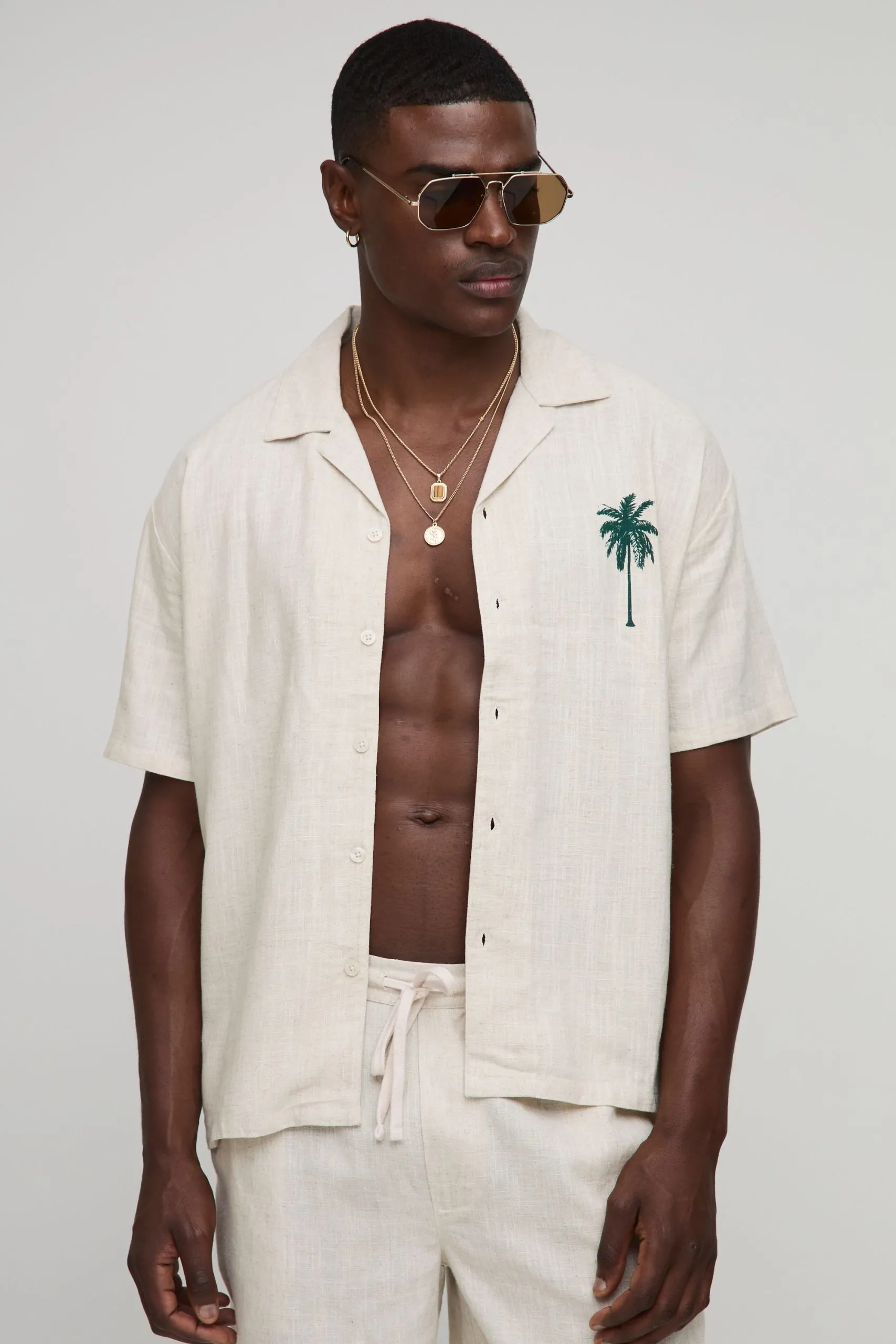 Oversized Revere Heavyweight Linen Palm Tree Printed Shirt