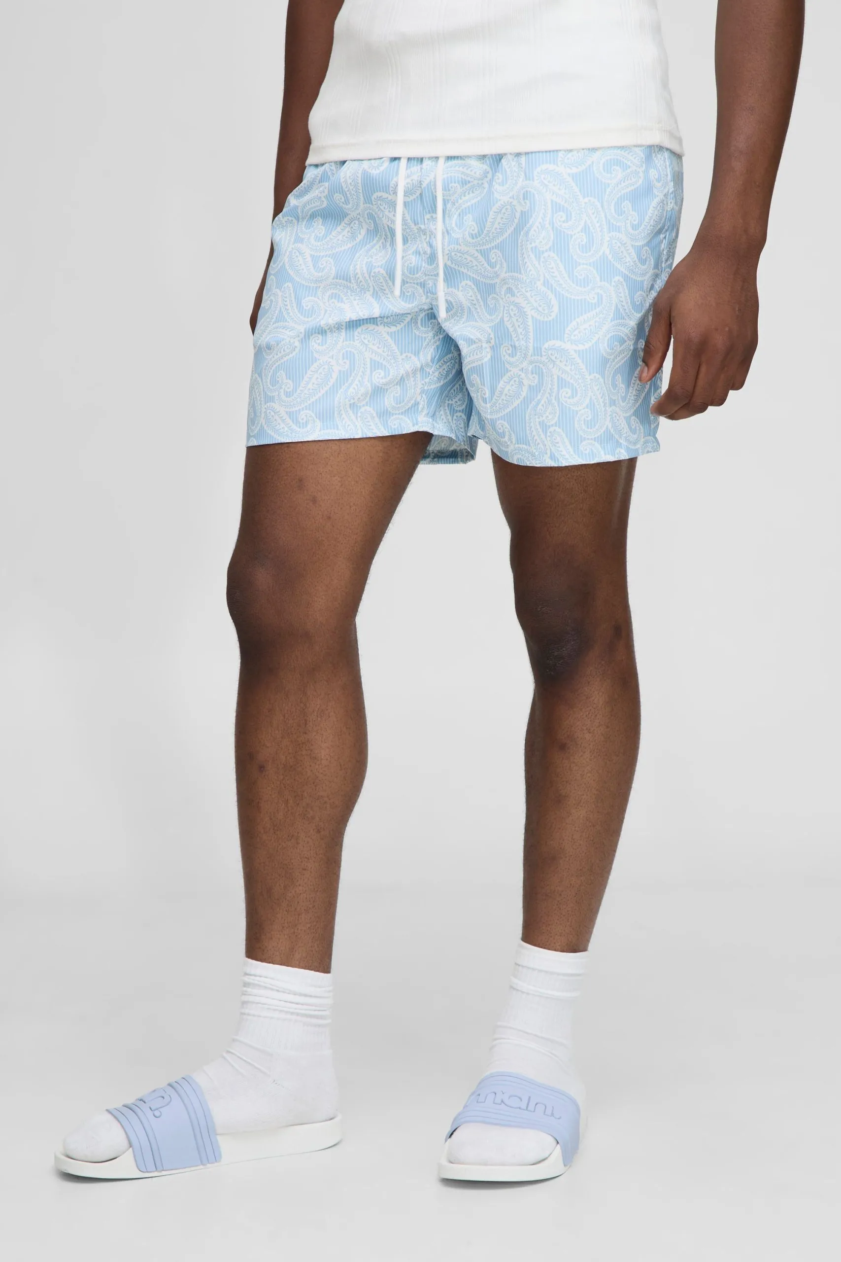 Mid Length Stripe Paisley Printed Swim Shorts