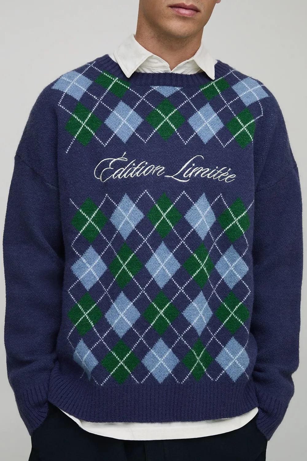 Boxy Embroidered Diamond Argyle Knitted Jumper