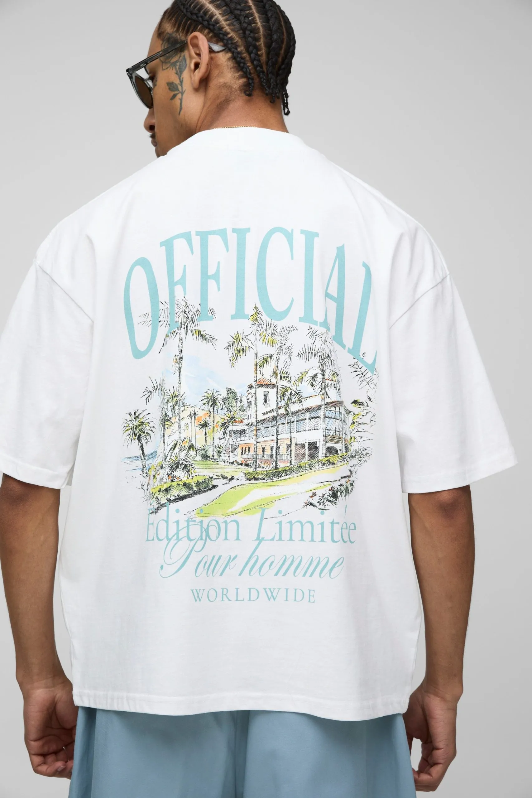 White Oversized Boxy Extended Neck Official Palm Landscape Graphic T-Shirt
