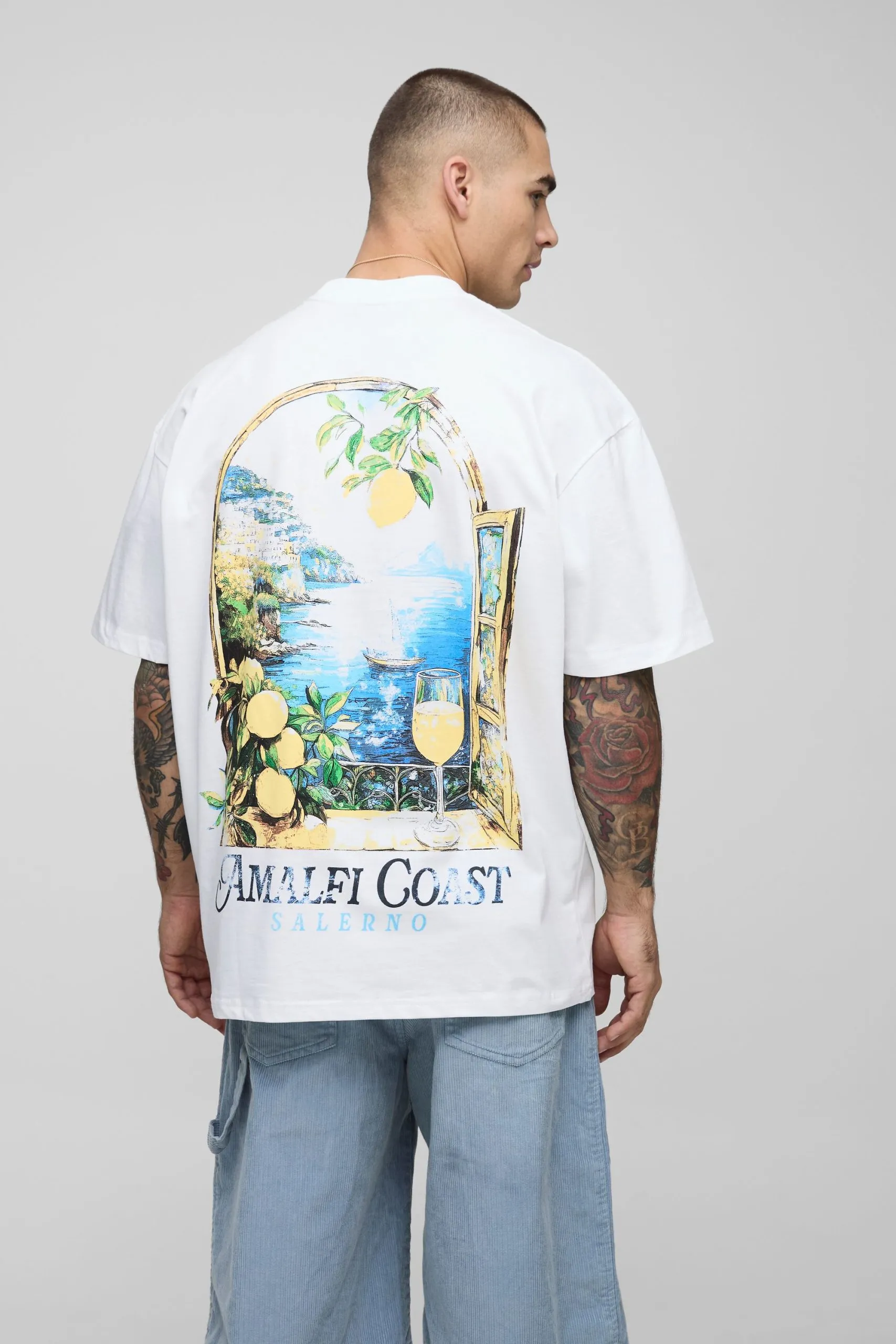 White Oversized Extended Neck Amalfi Coast Landscape T-Shirt