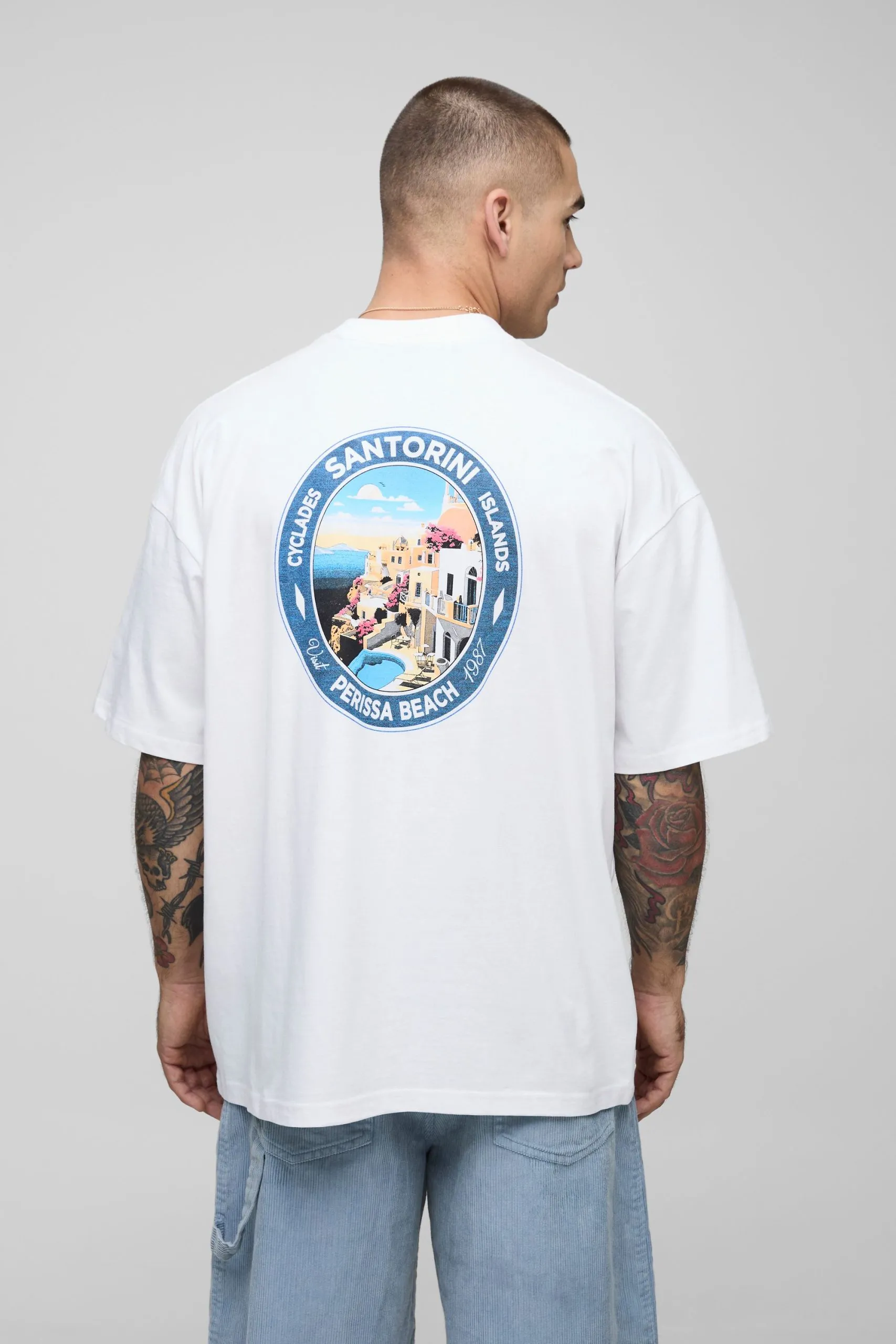 White Oversized Extended Neck Santorini Island Landscape T-Shirt