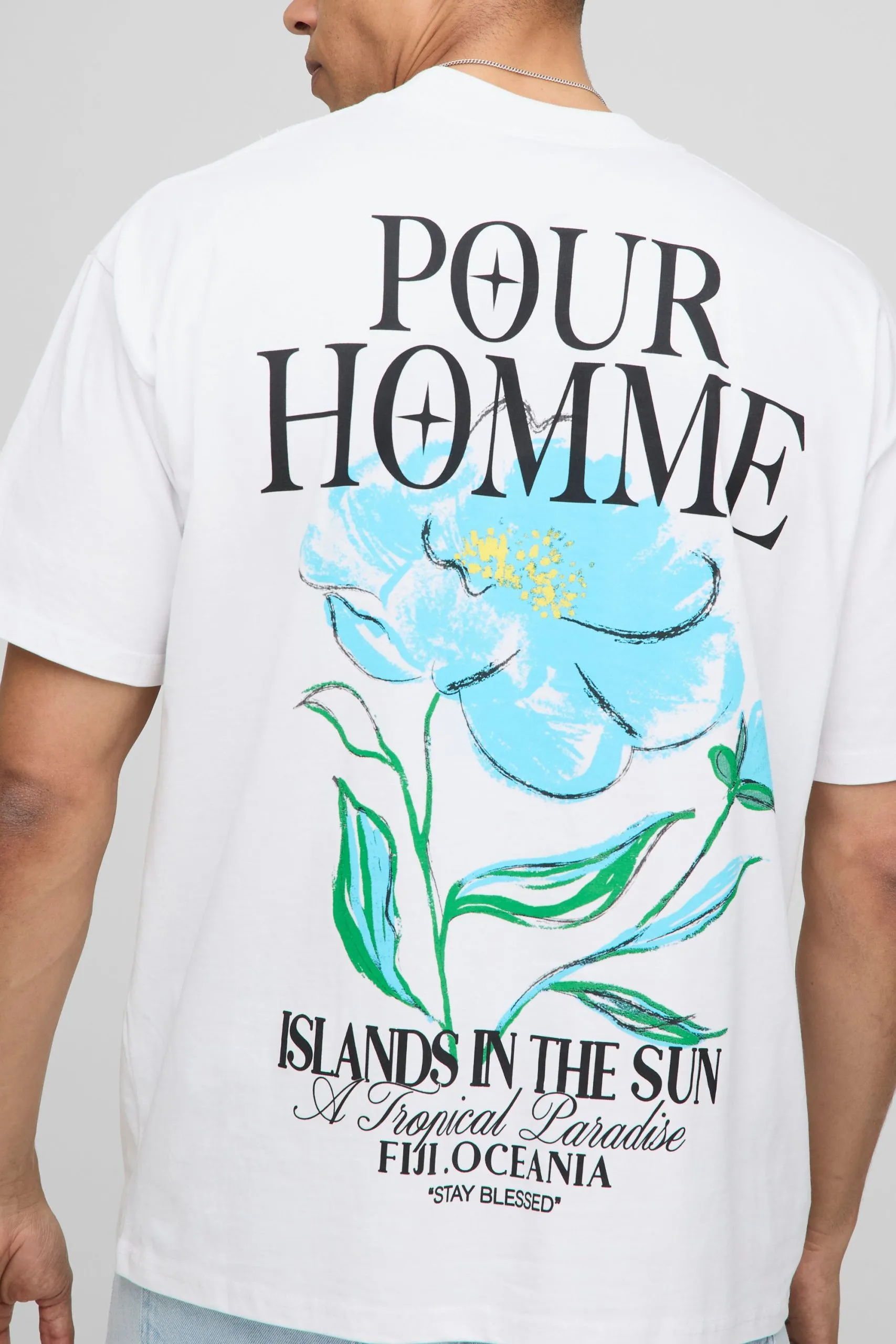 White Oversized Extended Neck Pour Homme Floral T-Shirt