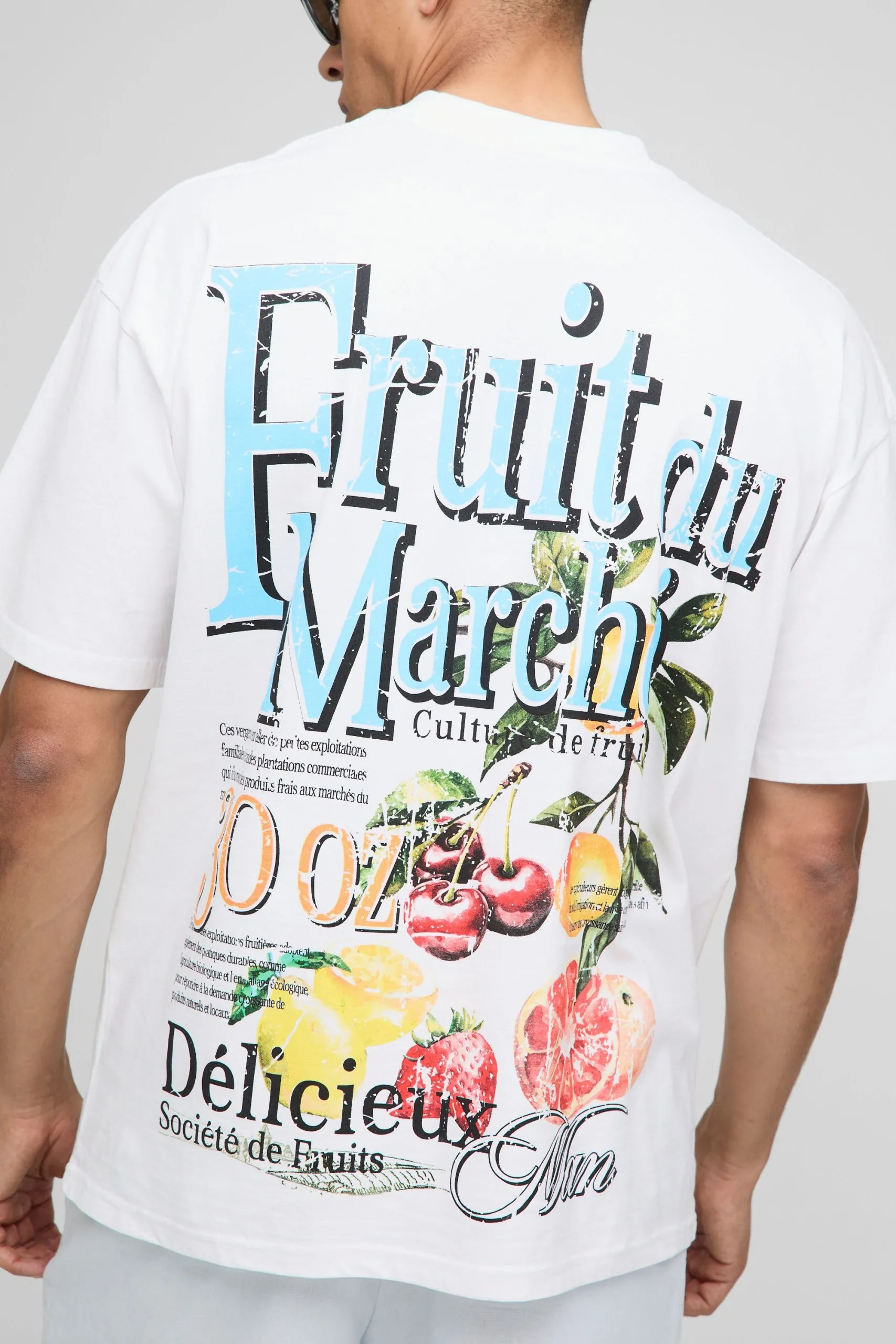 White Oversized Extended Neck Fruit Market T-Shirt