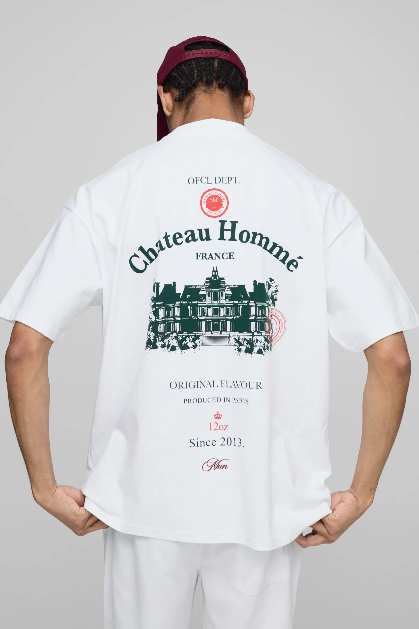 White Oversized Extended Neck Chateau Print T-Shirt