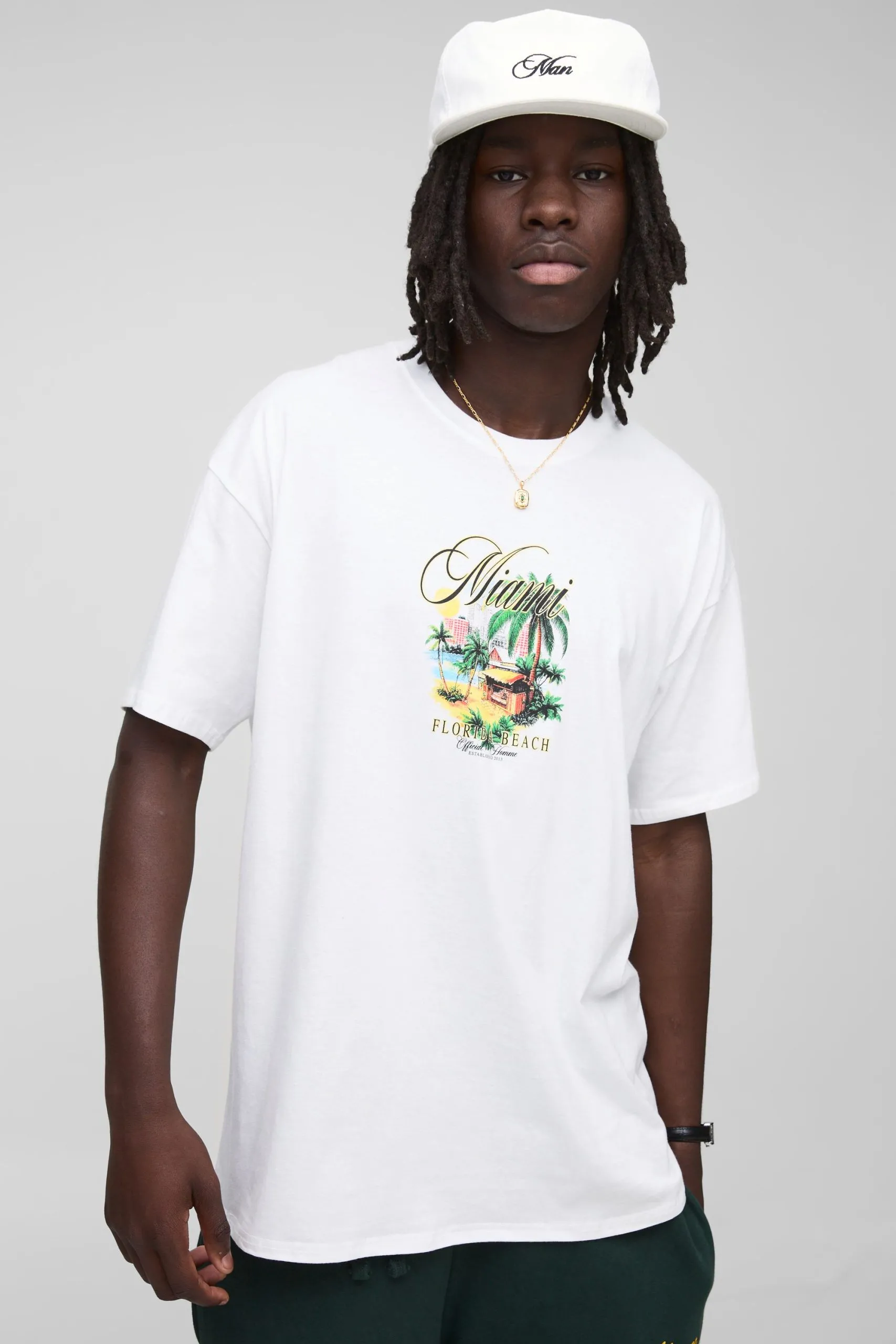 White Oversized Miami Palm Printed T-Shirt