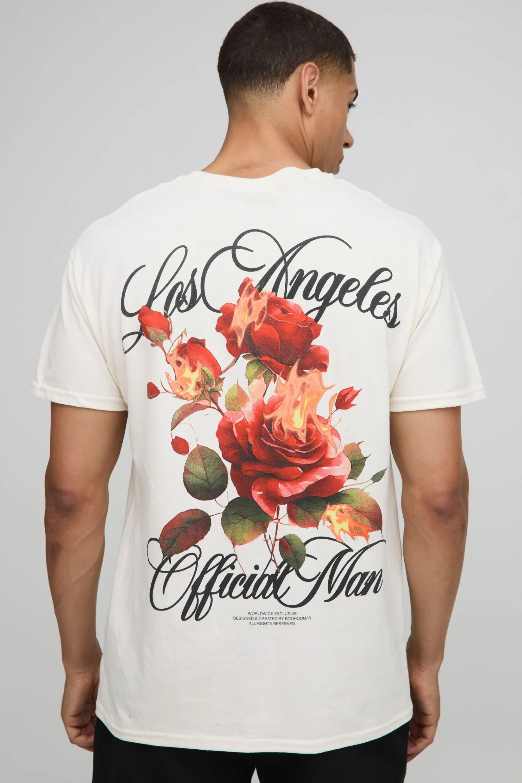 Ecru Oversized Man Los Angeles Floral Printed T-Shirt