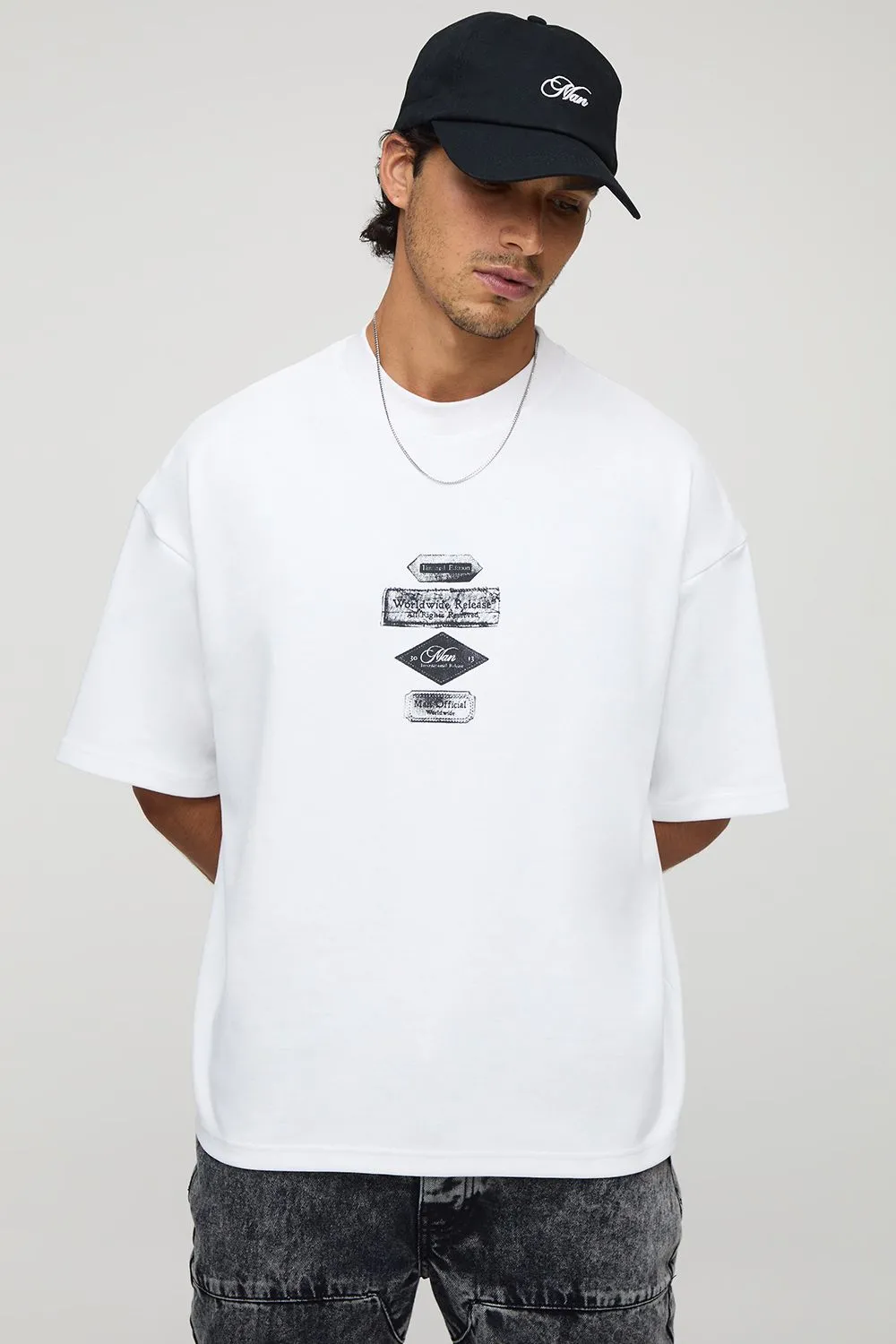 White Oversized Boxy Extended Neck Super Heavyweight Graphic T-shirt