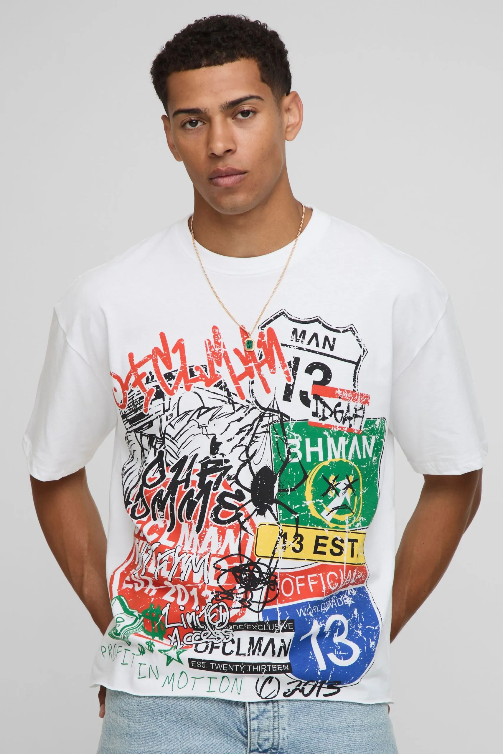 White Oversized Boxy Raw Hem Graffiti Print T-Shirt