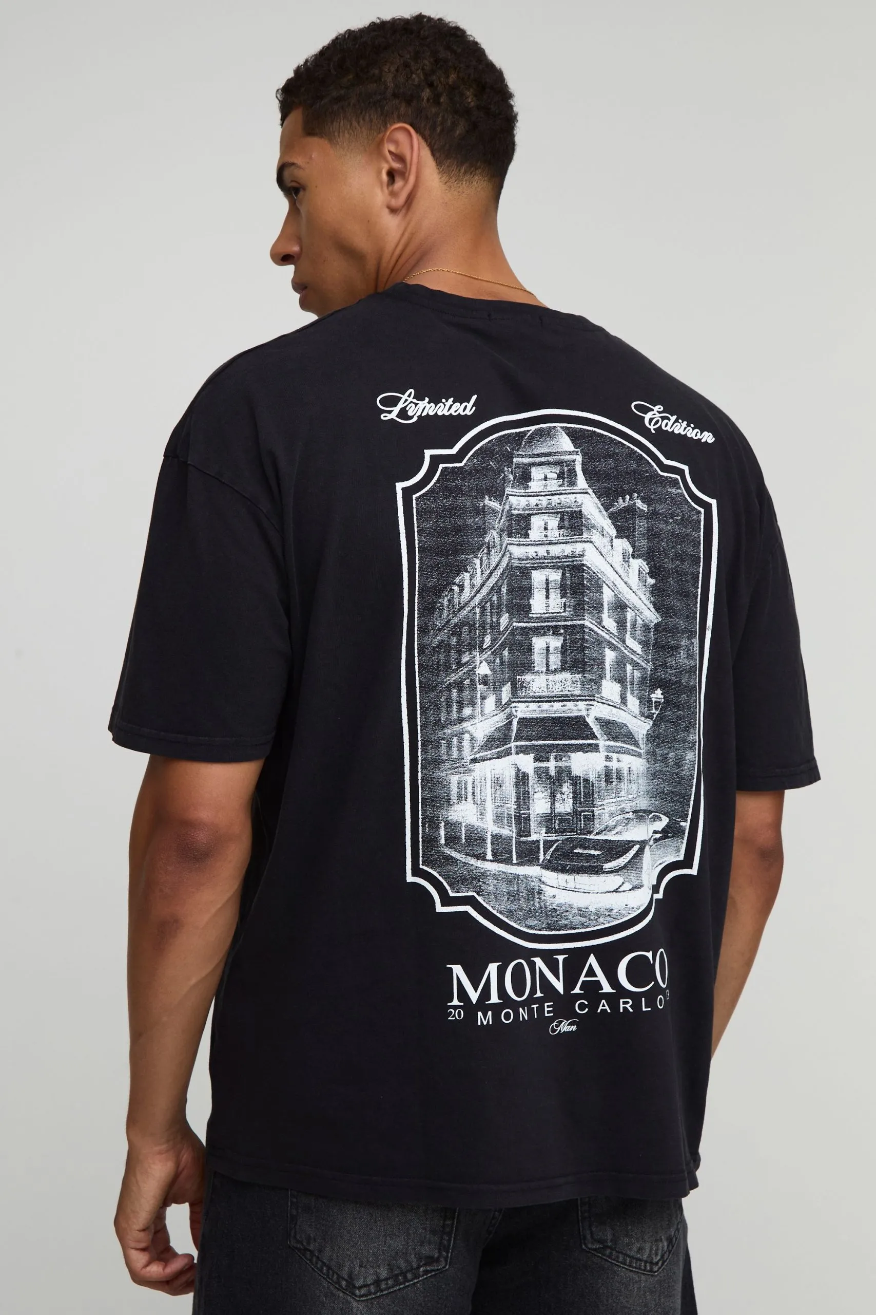 Washed Black Monaco Landscape Print T-Shirt