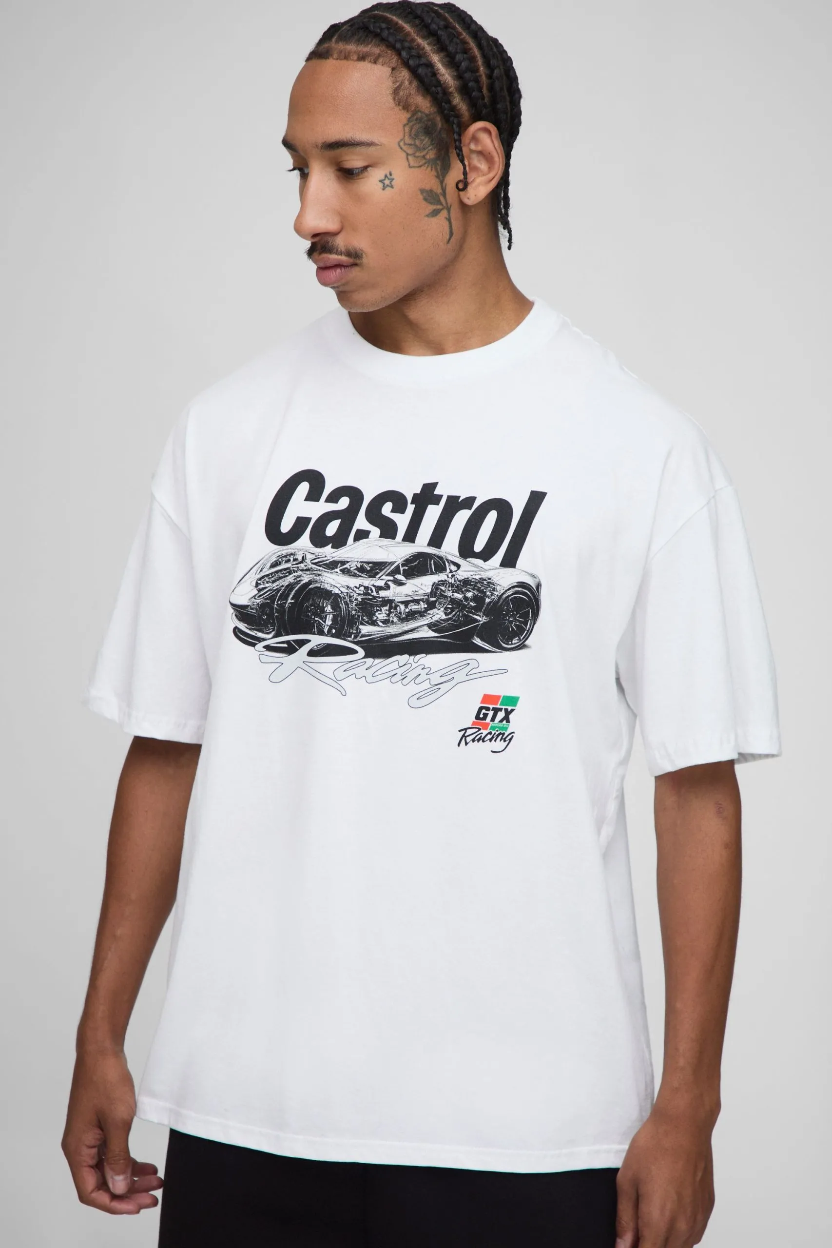 White Oversized Castrol Racing Moto License Printed T-Shirt