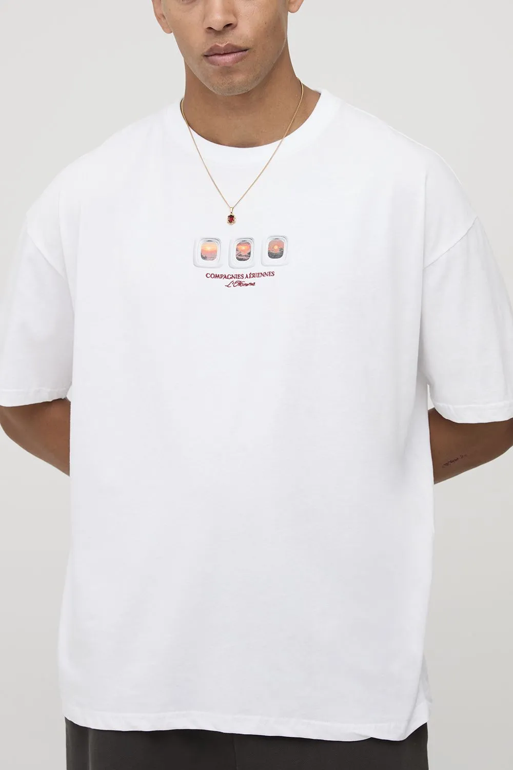 White Oversized Sunset Aeroplane Window Embroidered T-Shirt