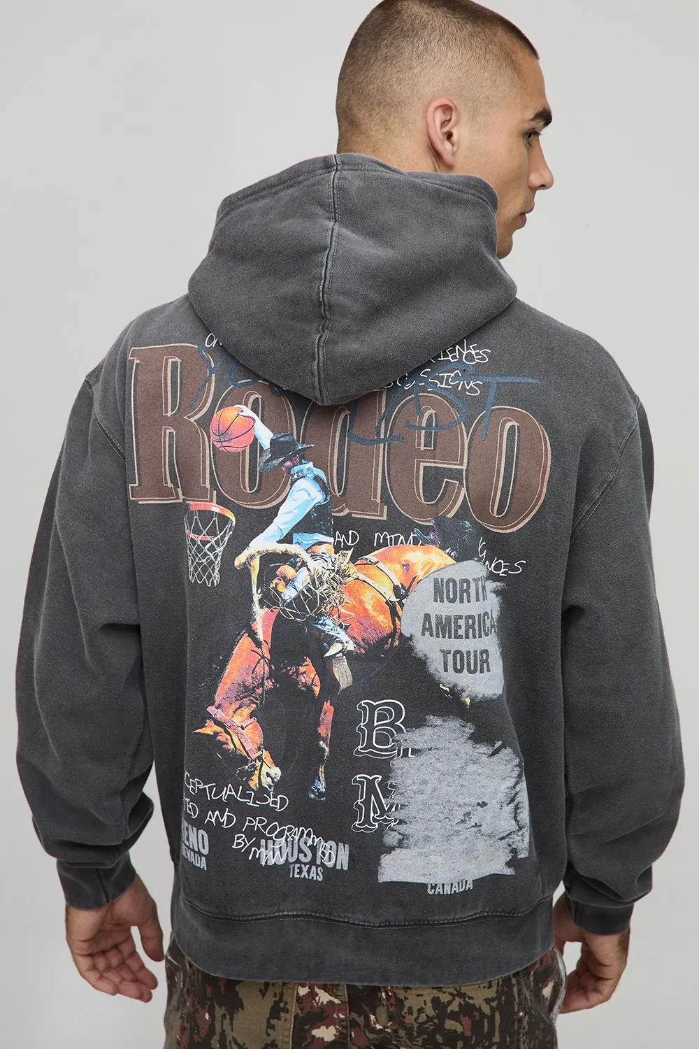 Black Oversized Boxy Western Washed Graphic Hoodie