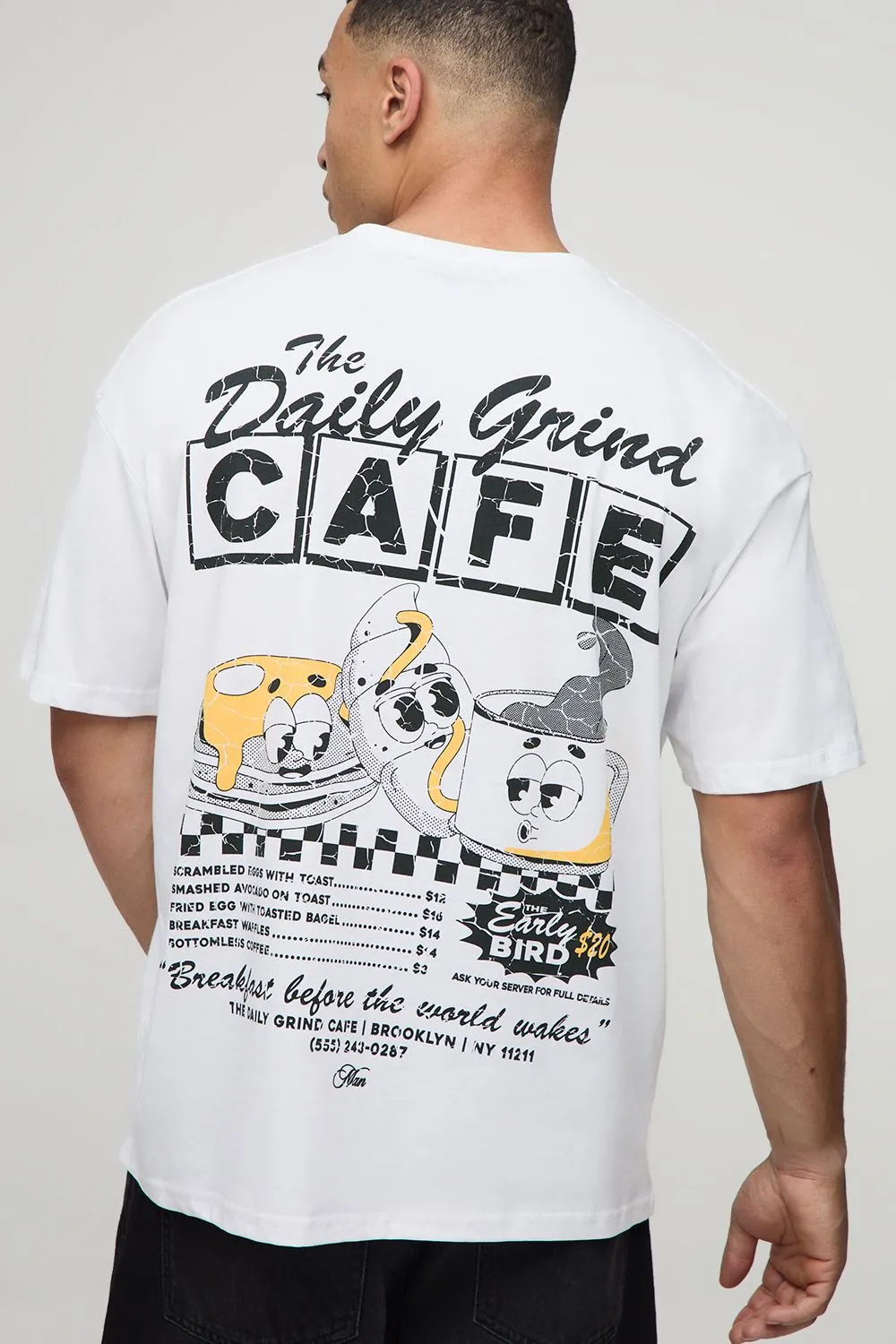 White Oversized The Daily Grind Cartoon Coffee Graphic T-Shirt