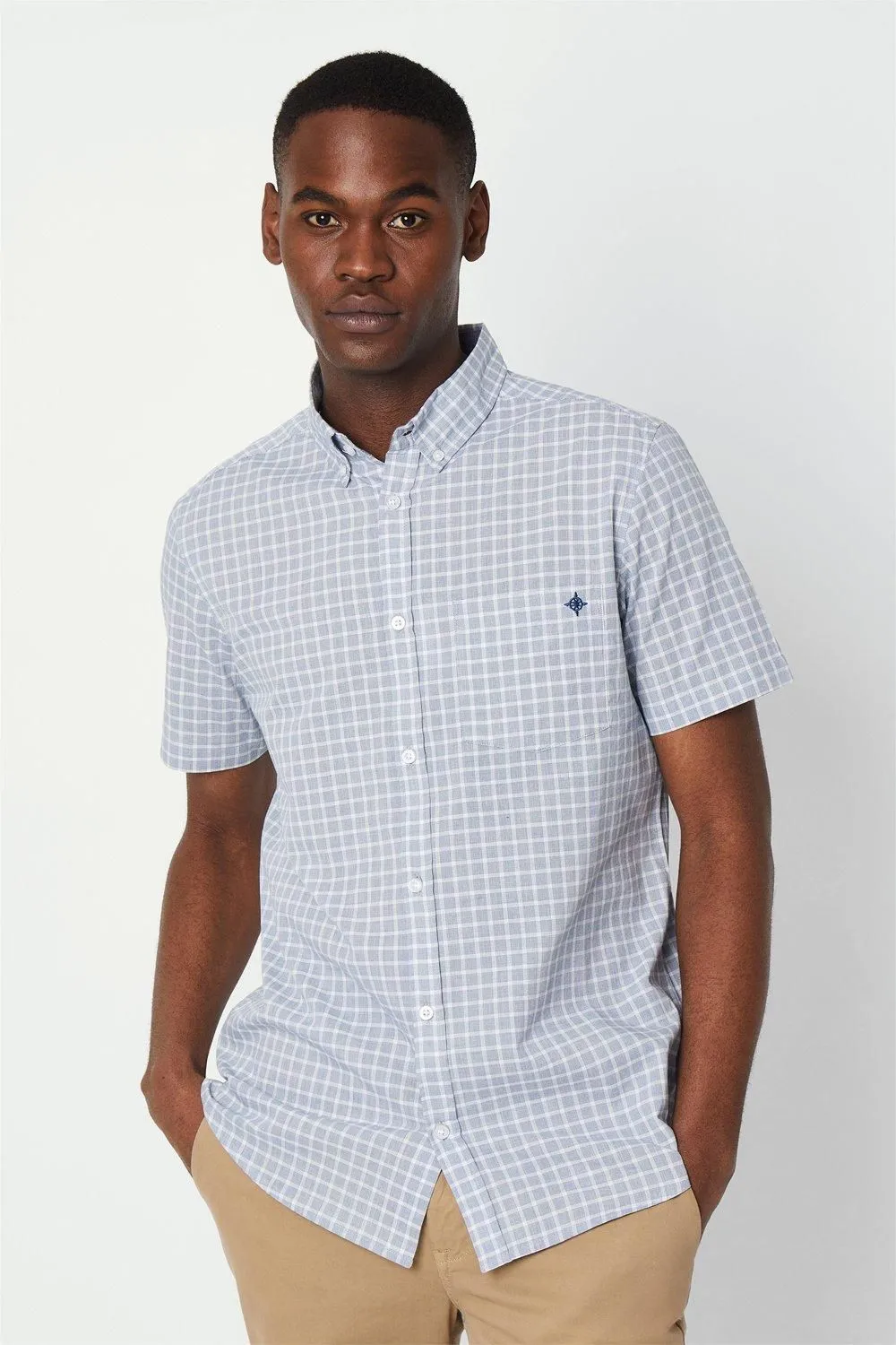 Blue Tonal Textured Check Short Sleeve Shirt