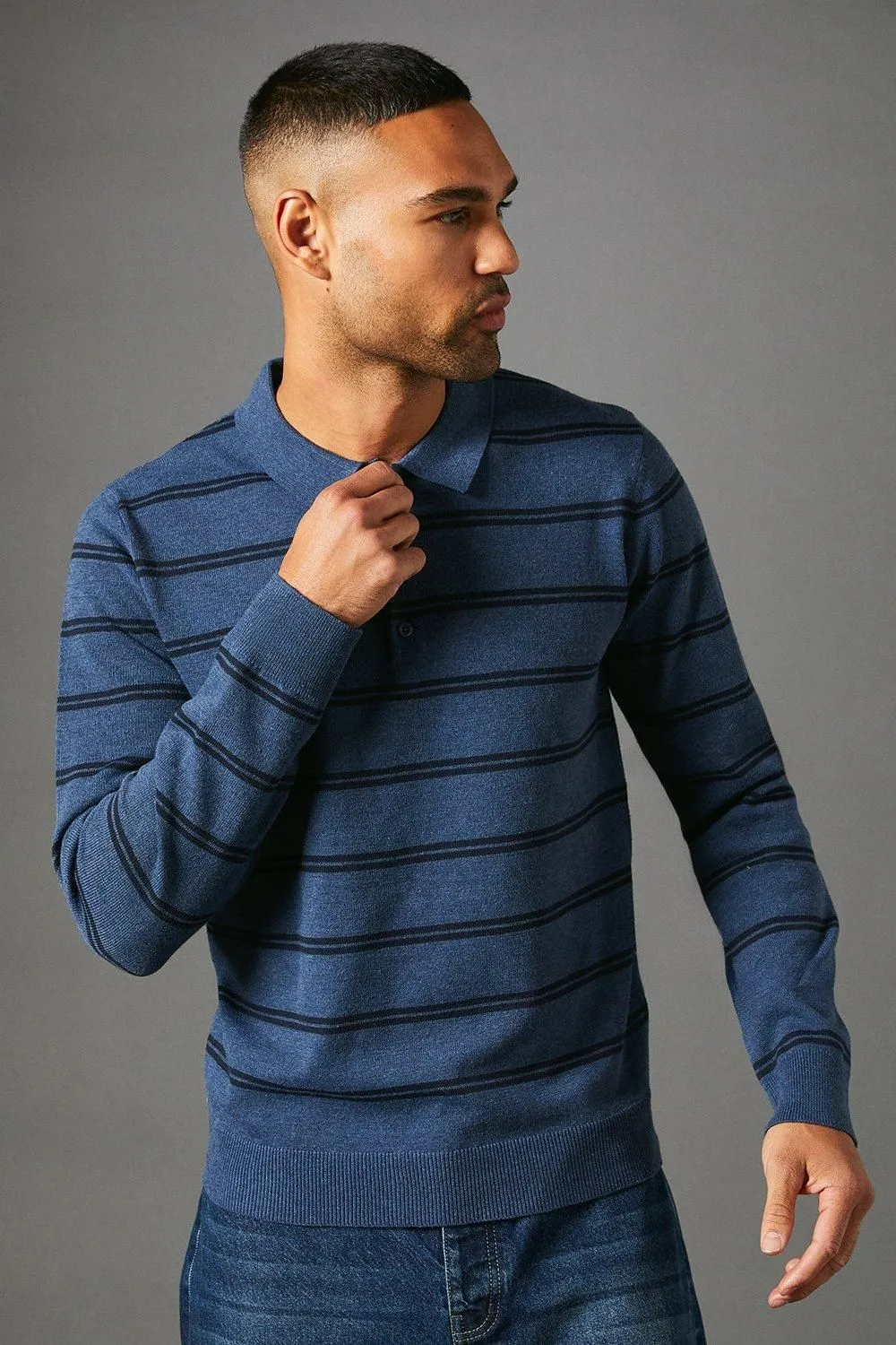 Blue Stripe Long Sleeve Knitted Polo