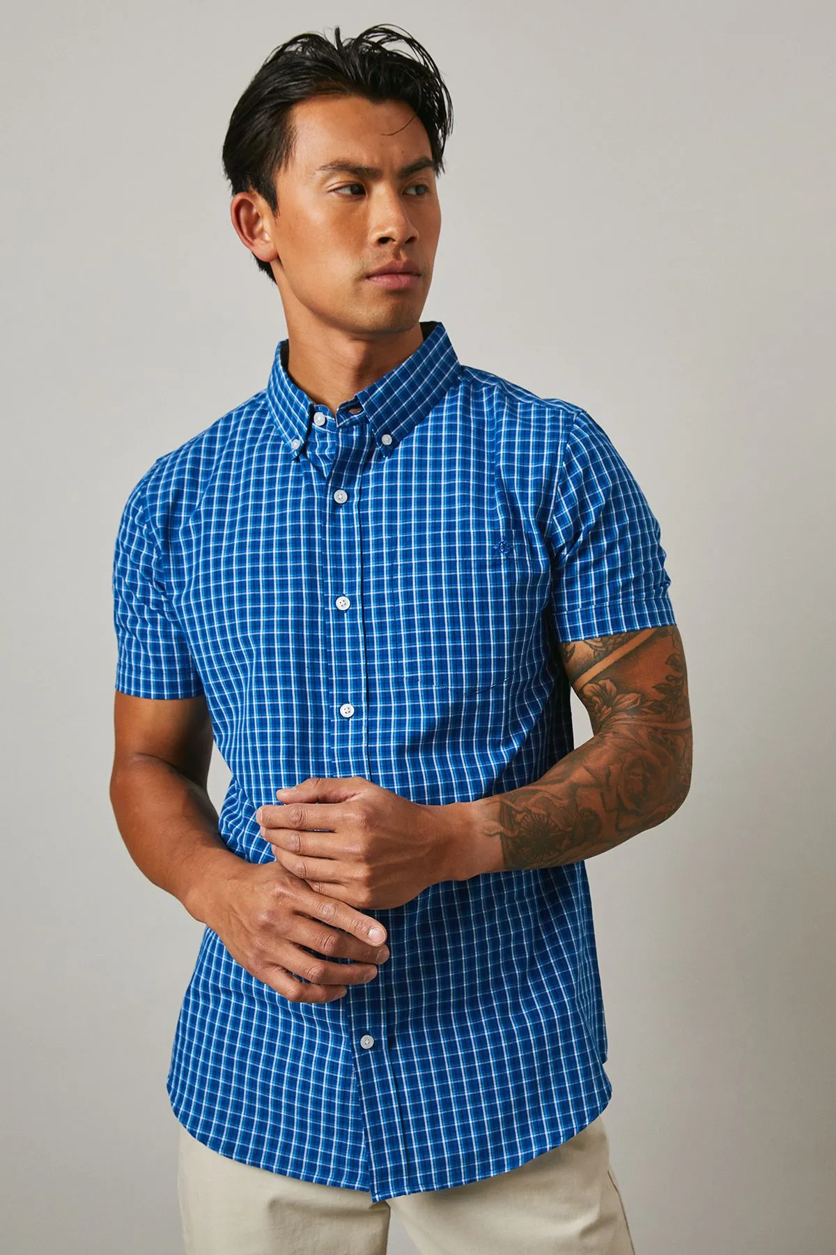 Bright Blue Small Check Short Sleeve Shirt