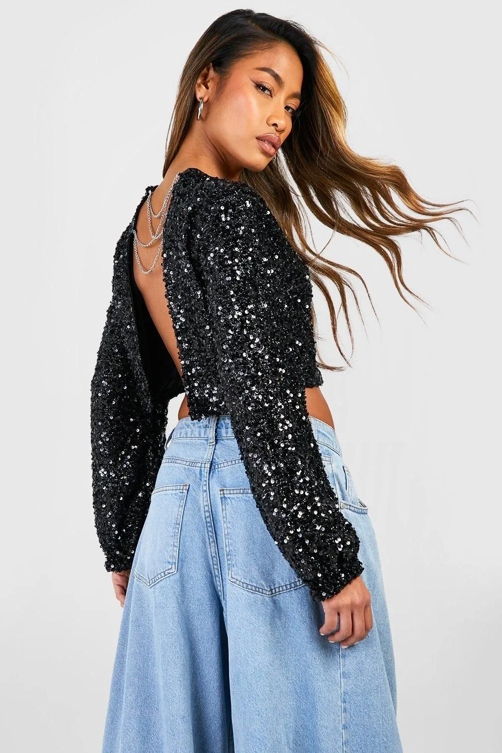 Sequin Chain Back Detail Long Sleeve Top