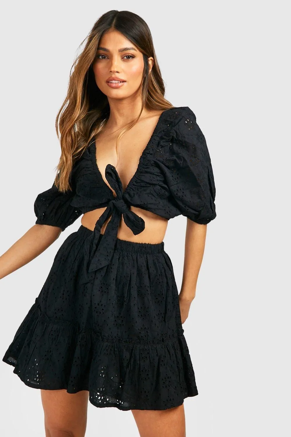 Broderie Knot Top & Ruffle Hem Skirt