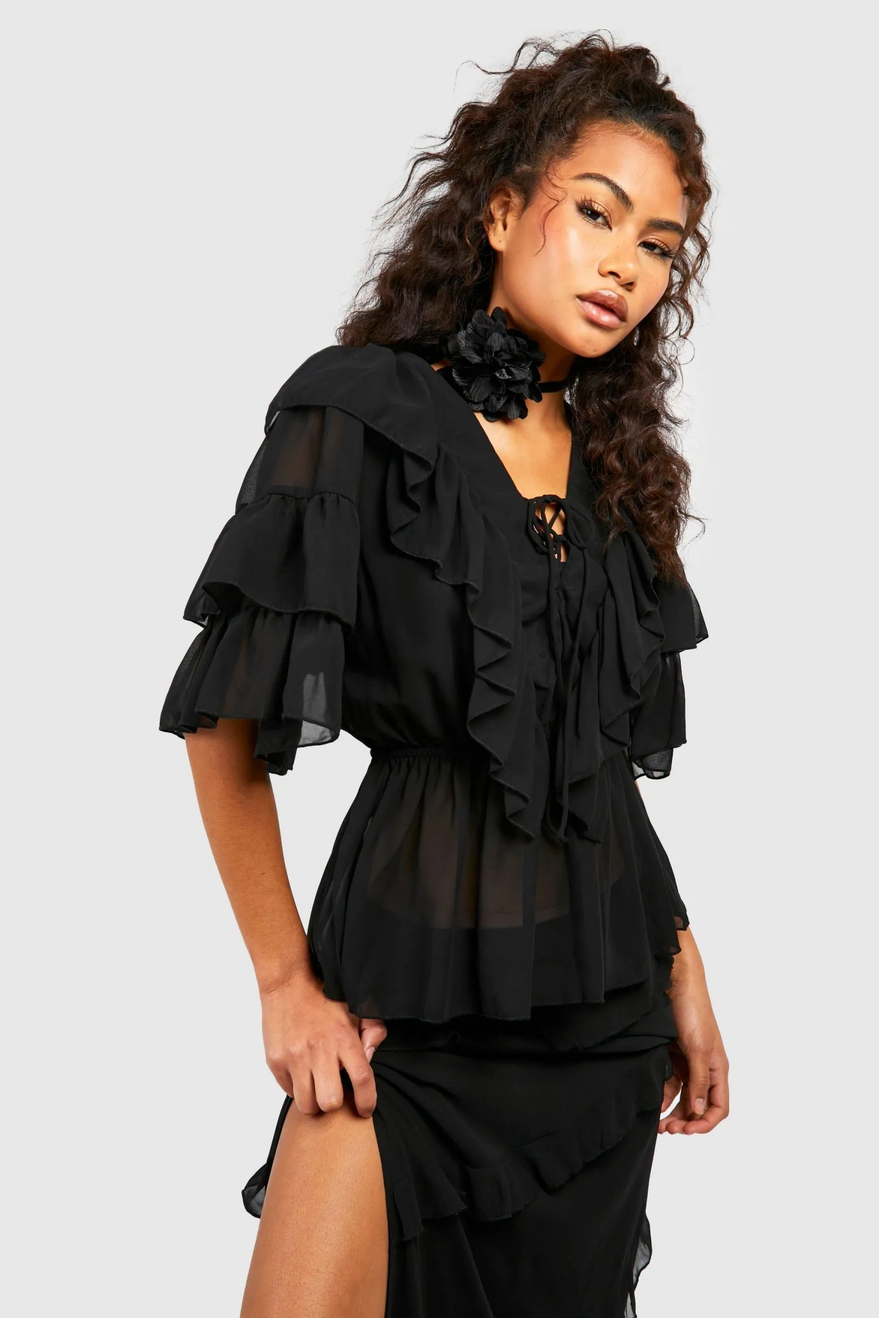 Woven Ruffle Lace Up Blouse