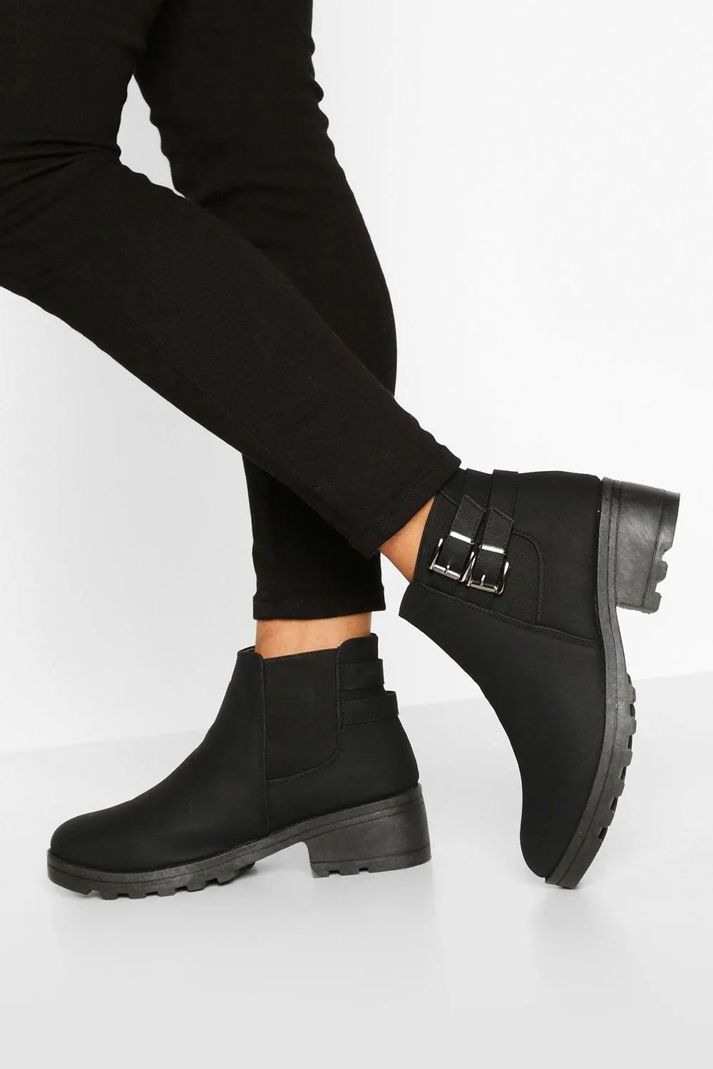 Wide Fit Faux Suede Buckle Detail Block Heel Chelsea Boots