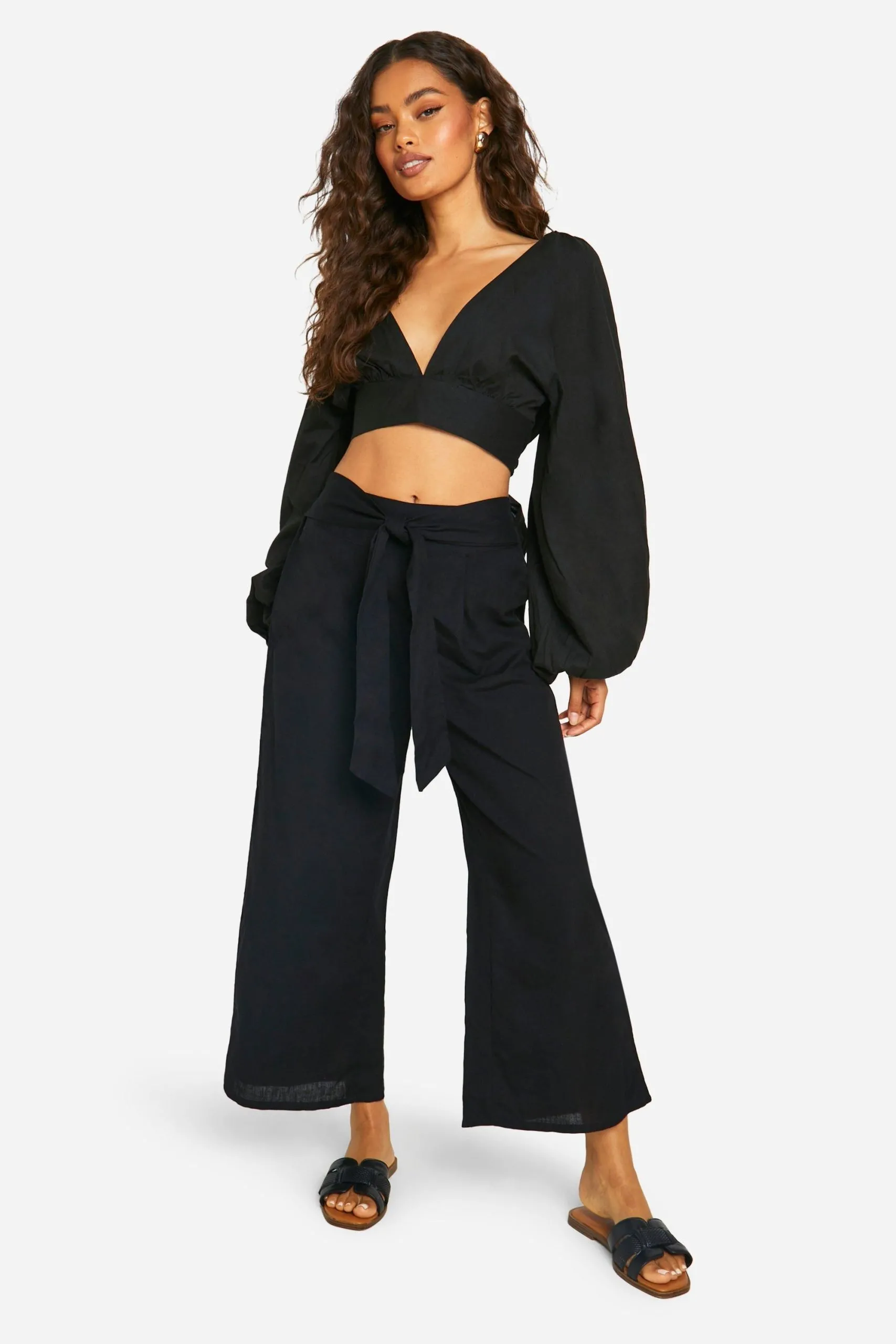 Linen Look Balloon Sleeve Crop & Wide Leg Trousers