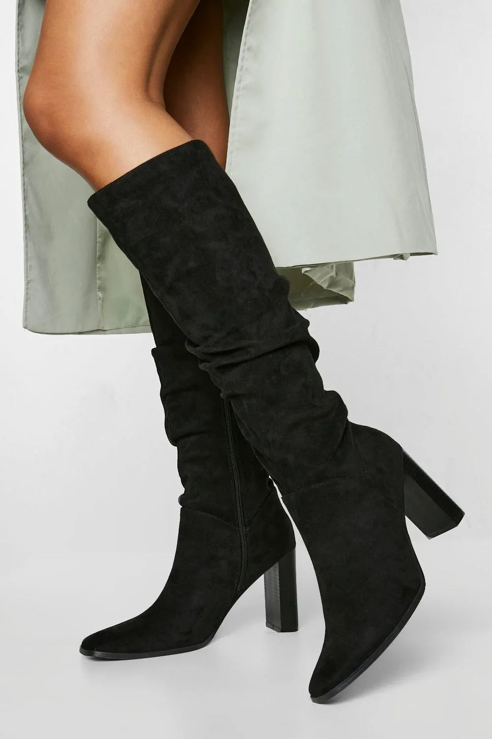 Faux Suede Ruched Block Heel Knee High Boot