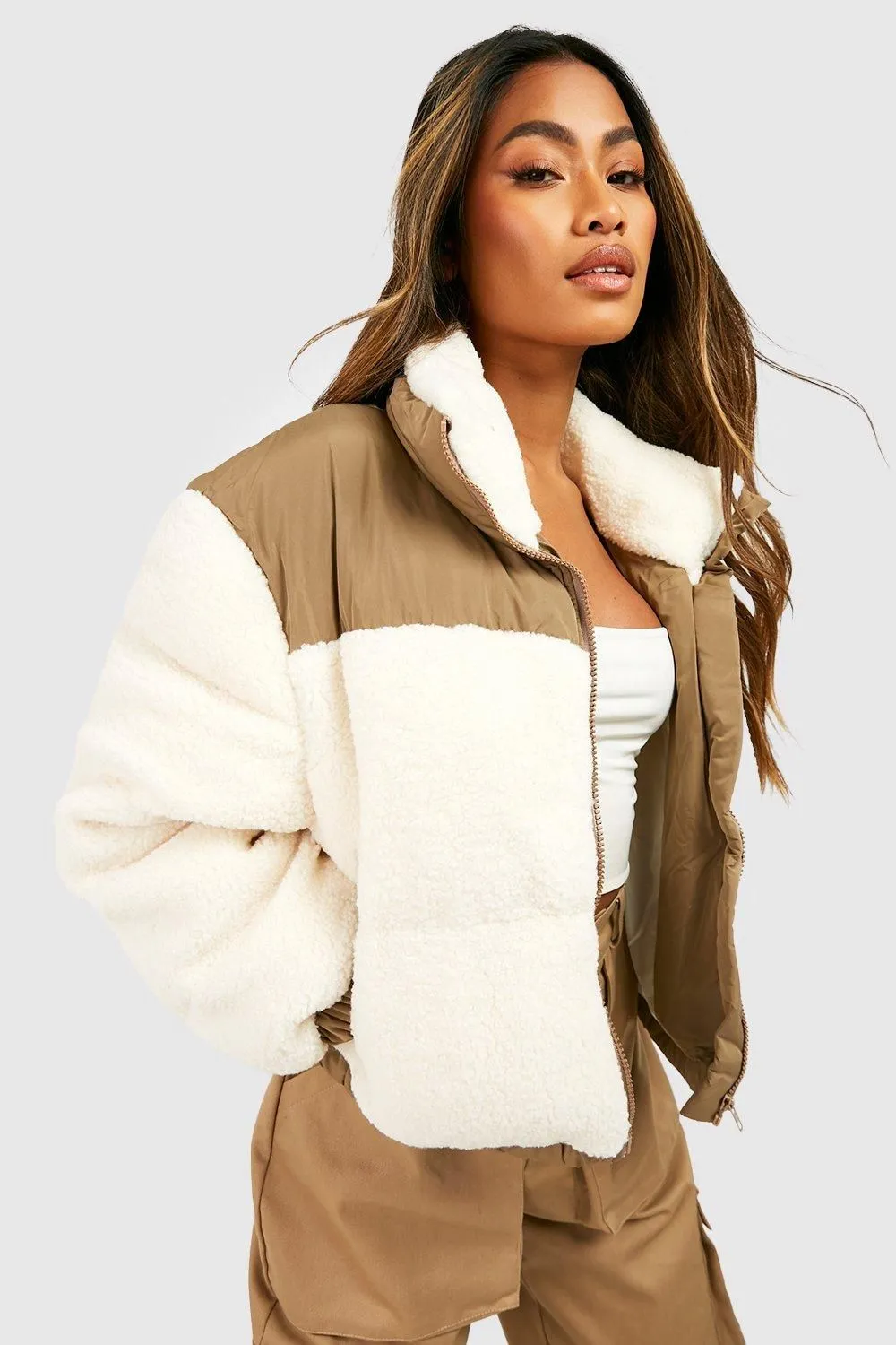Teddy Faux Fur Panelled Boxy Puffer Jacket