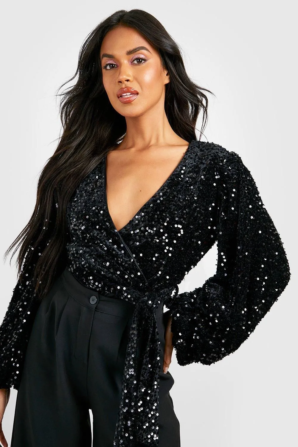 Volume Sleeve Velvet Sequin Bodysuit