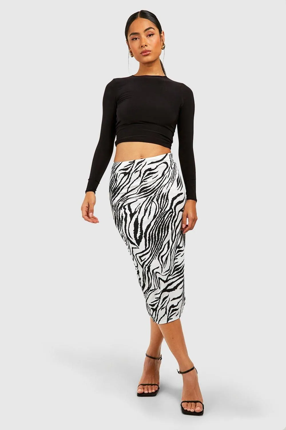 Zebra Print Rib Side Split Midi Skirt