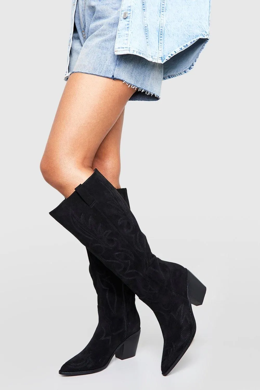 Casual Faux Suede Knee High Western Cowboy Boots