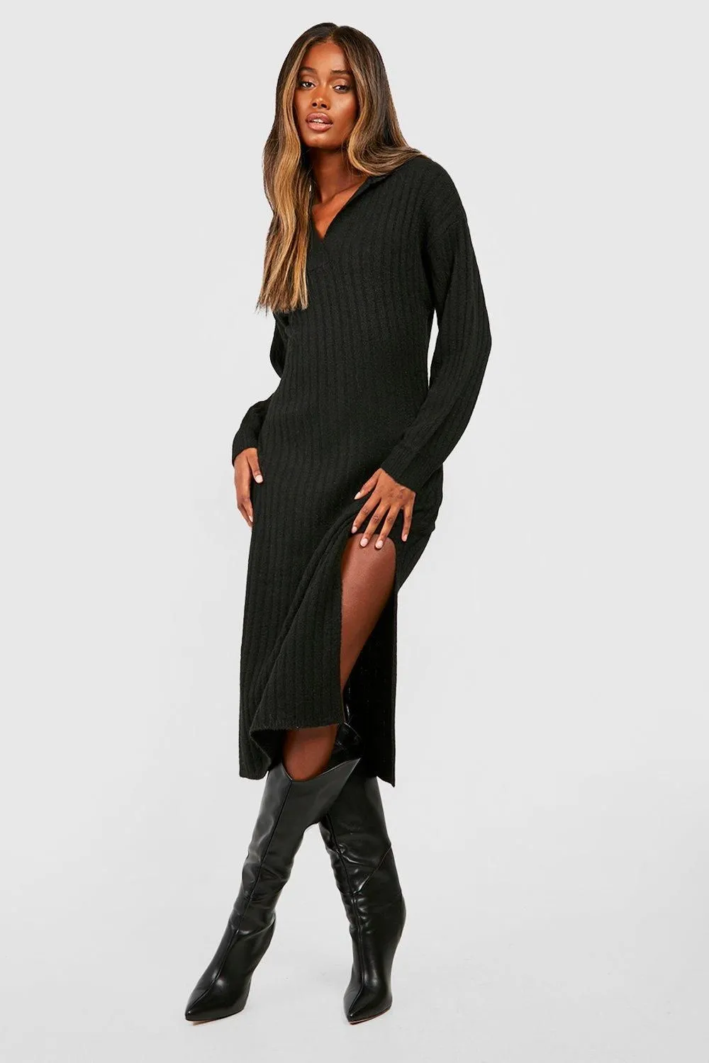 Wide Rib Knit Collared Soft Jumper Dress
