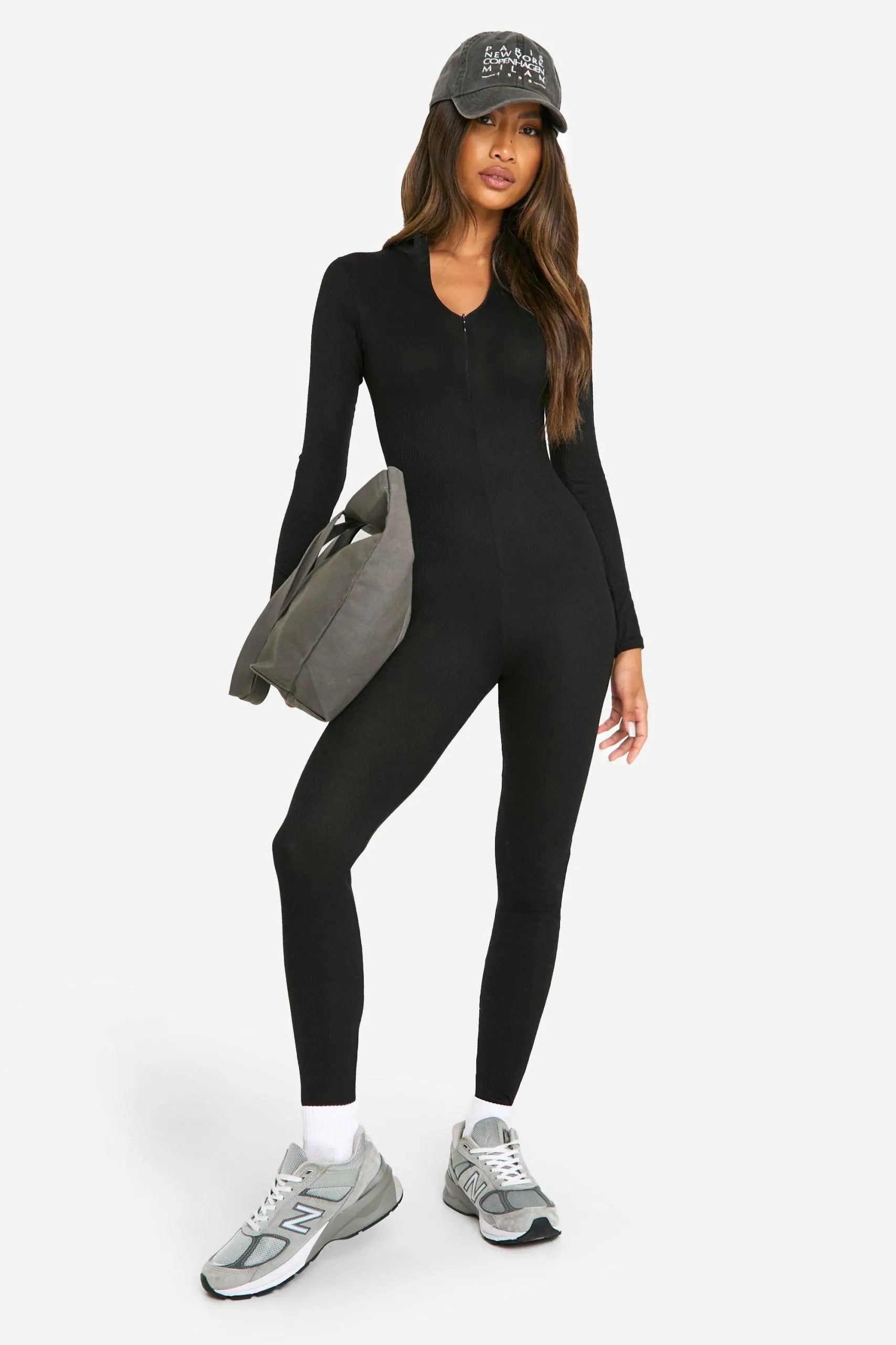 Basic Ribbed Zip Up Skinny Jumpsuit