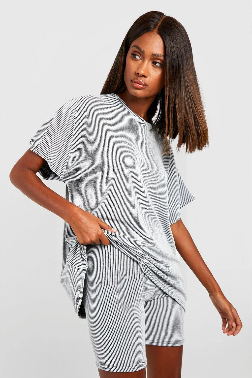 2 Tone Rib Oversized T-shirt & Cycling Short Set
