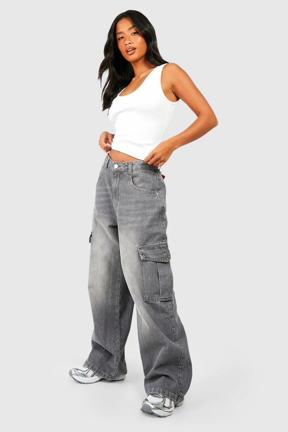 Petite Washed 28 Inch Wide Leg Cargo Jean
