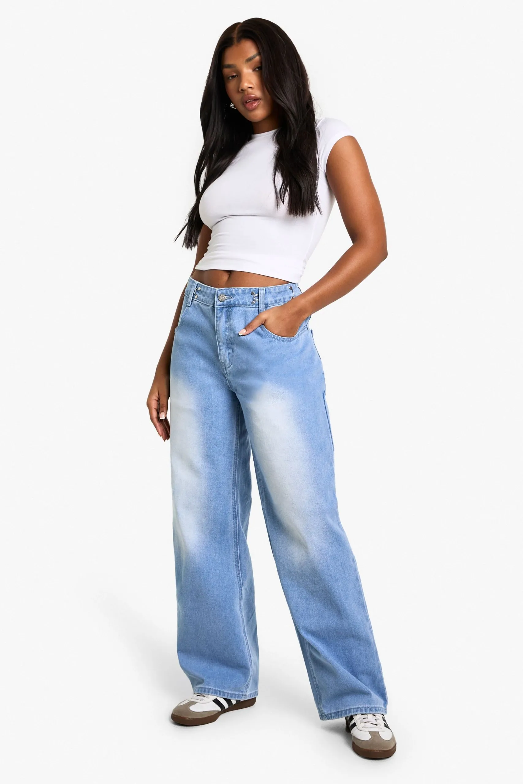 Adjustable Waistband Faded Wide Leg Jeans