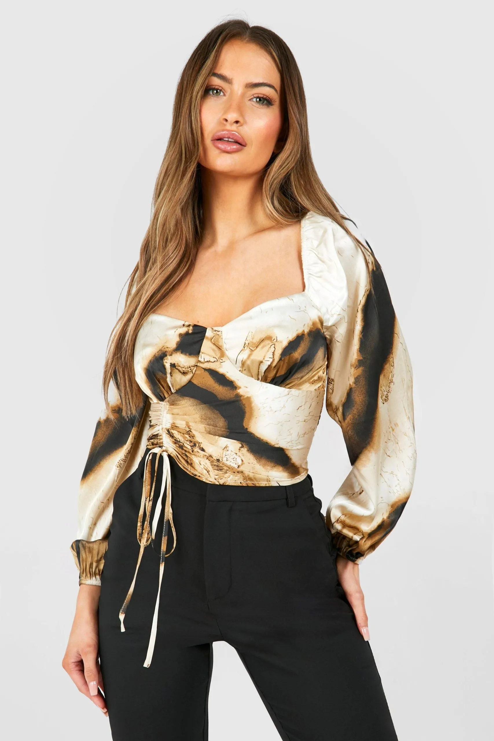 Abstract Printed Satin Ruched Volume Sleeve Top