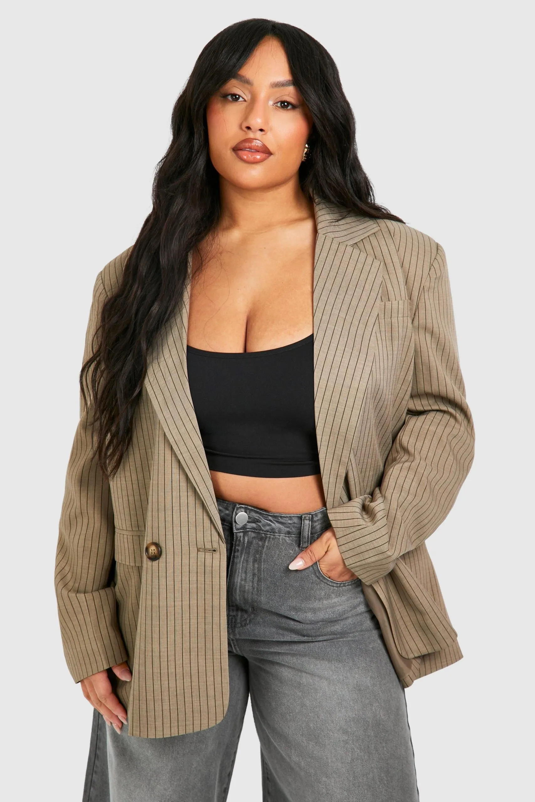 Plus Linen Look Pinstripe Double Breasted Blazer