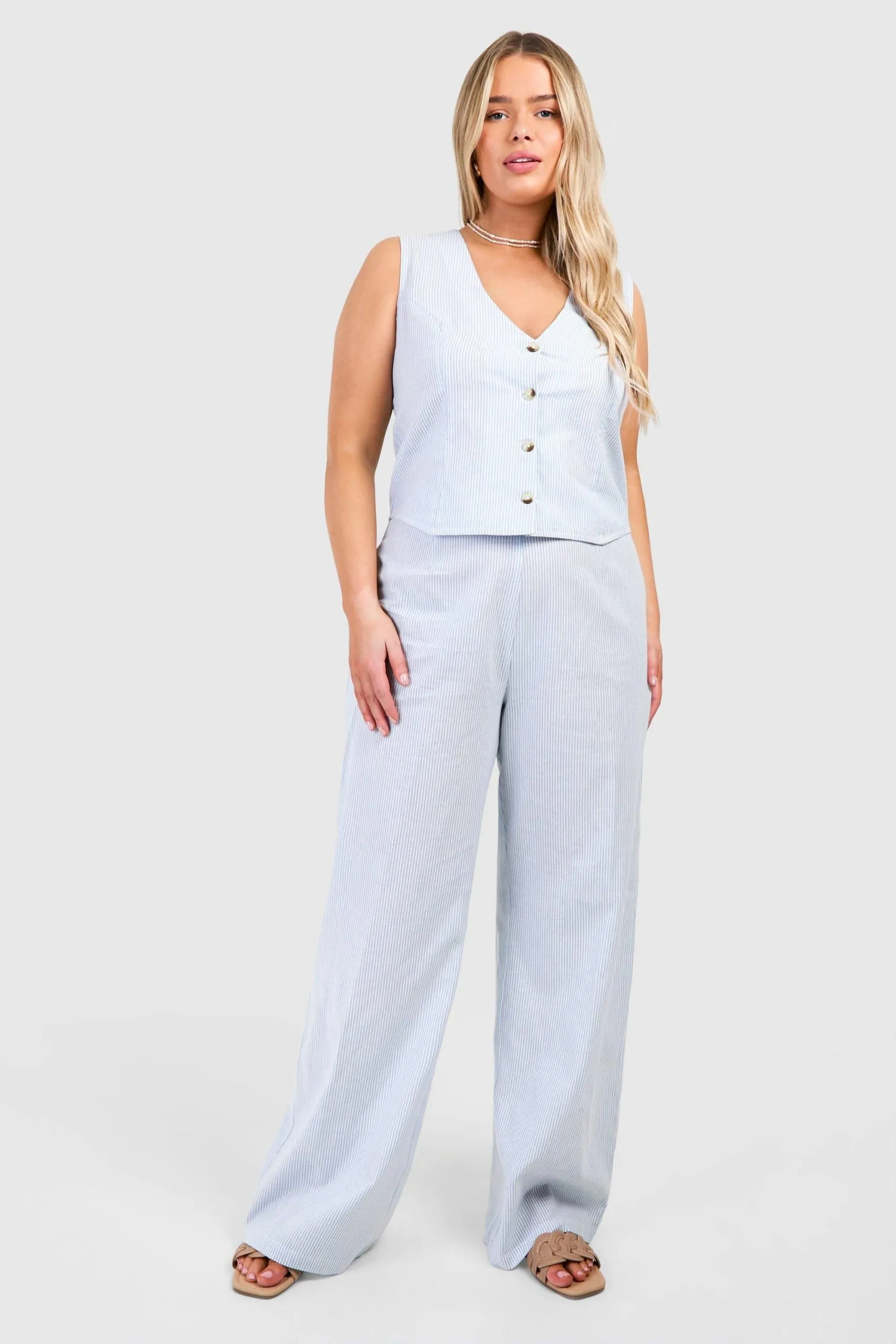 Plus Woven Pinstripe Wide Leg Trouser & Waistcoat Co-ord