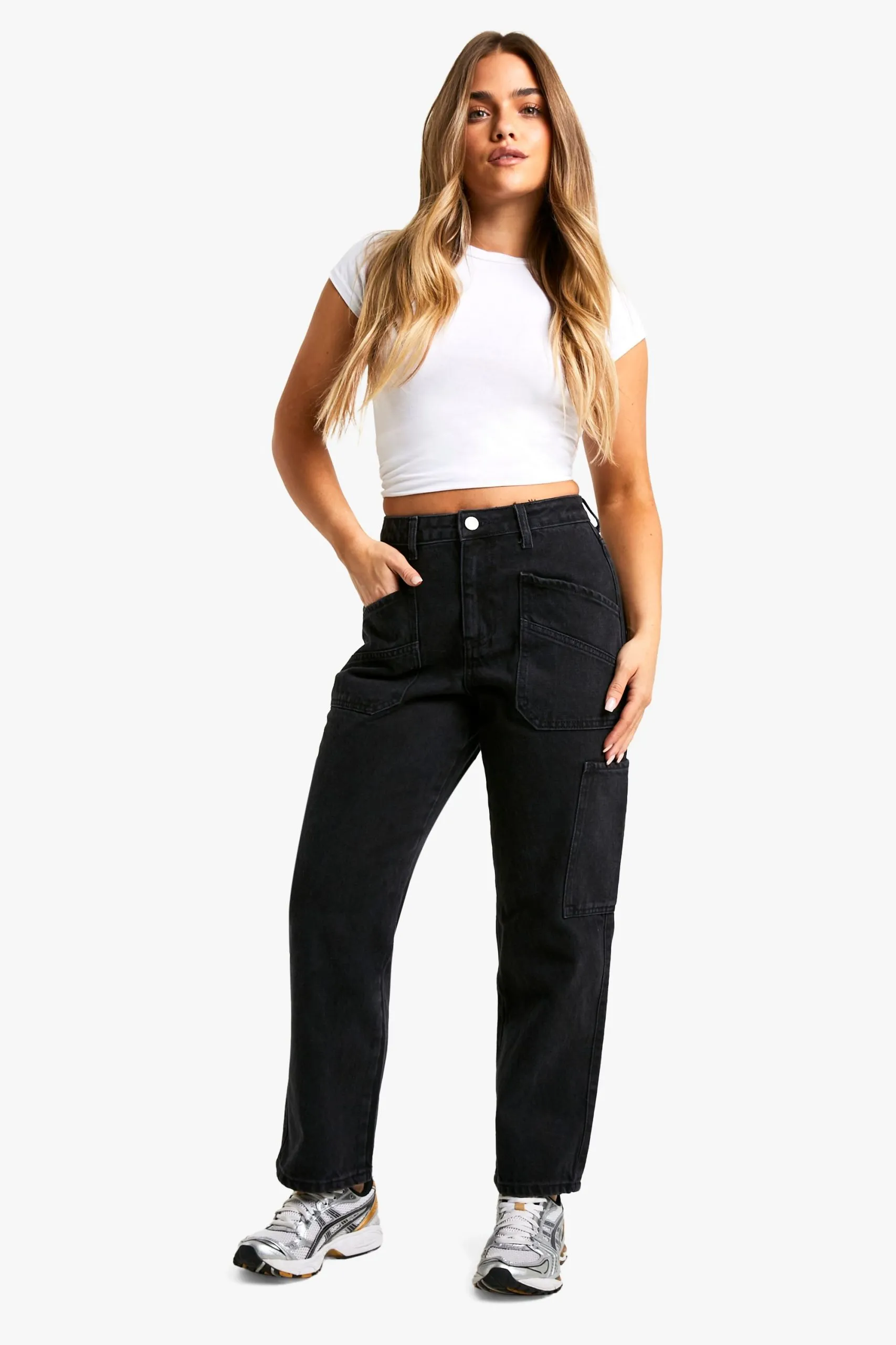 Petite Washed Black Pocket Detail Cargo Jeans