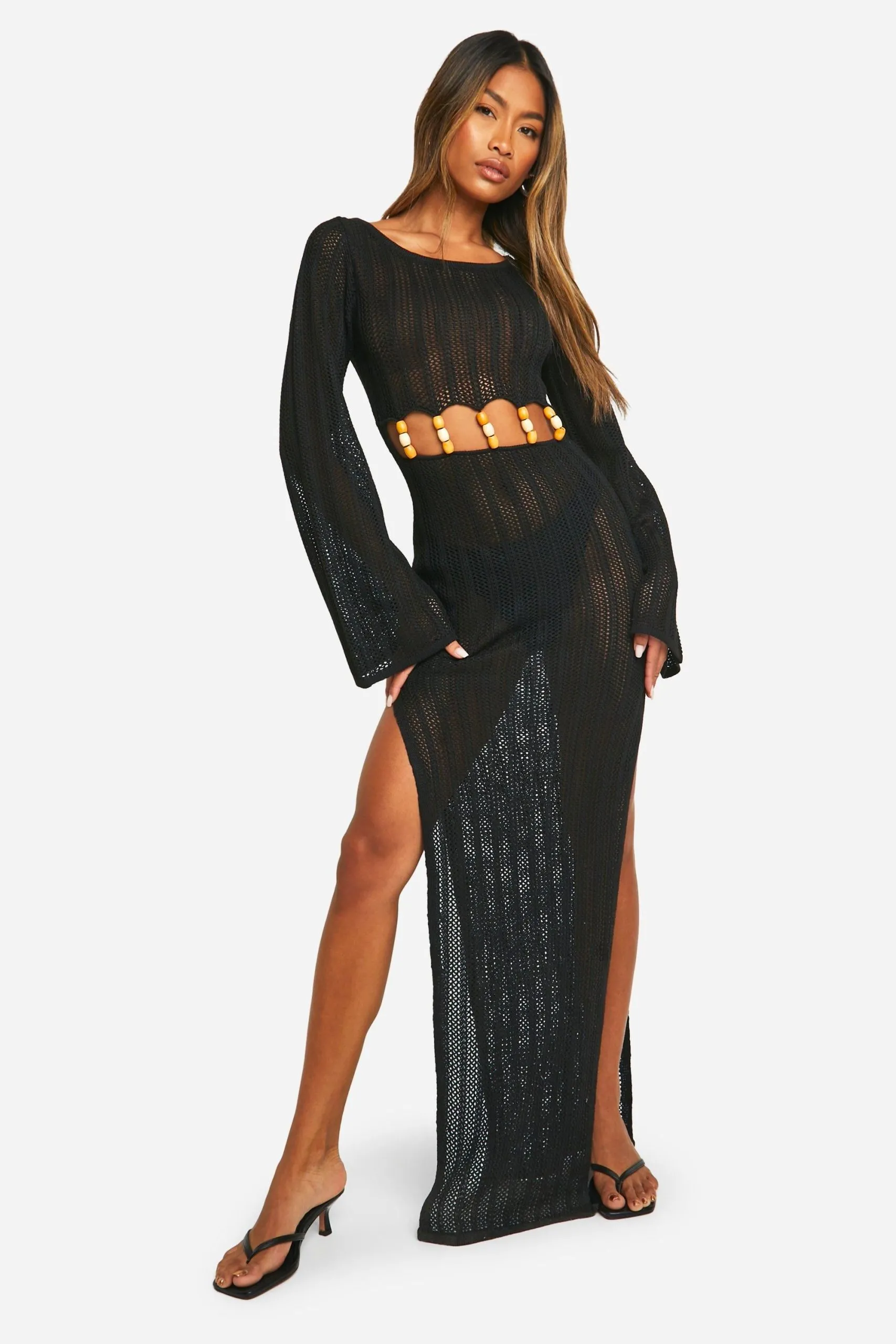 Wooden Bead Cut Out Detail Crochet Maxi Dress