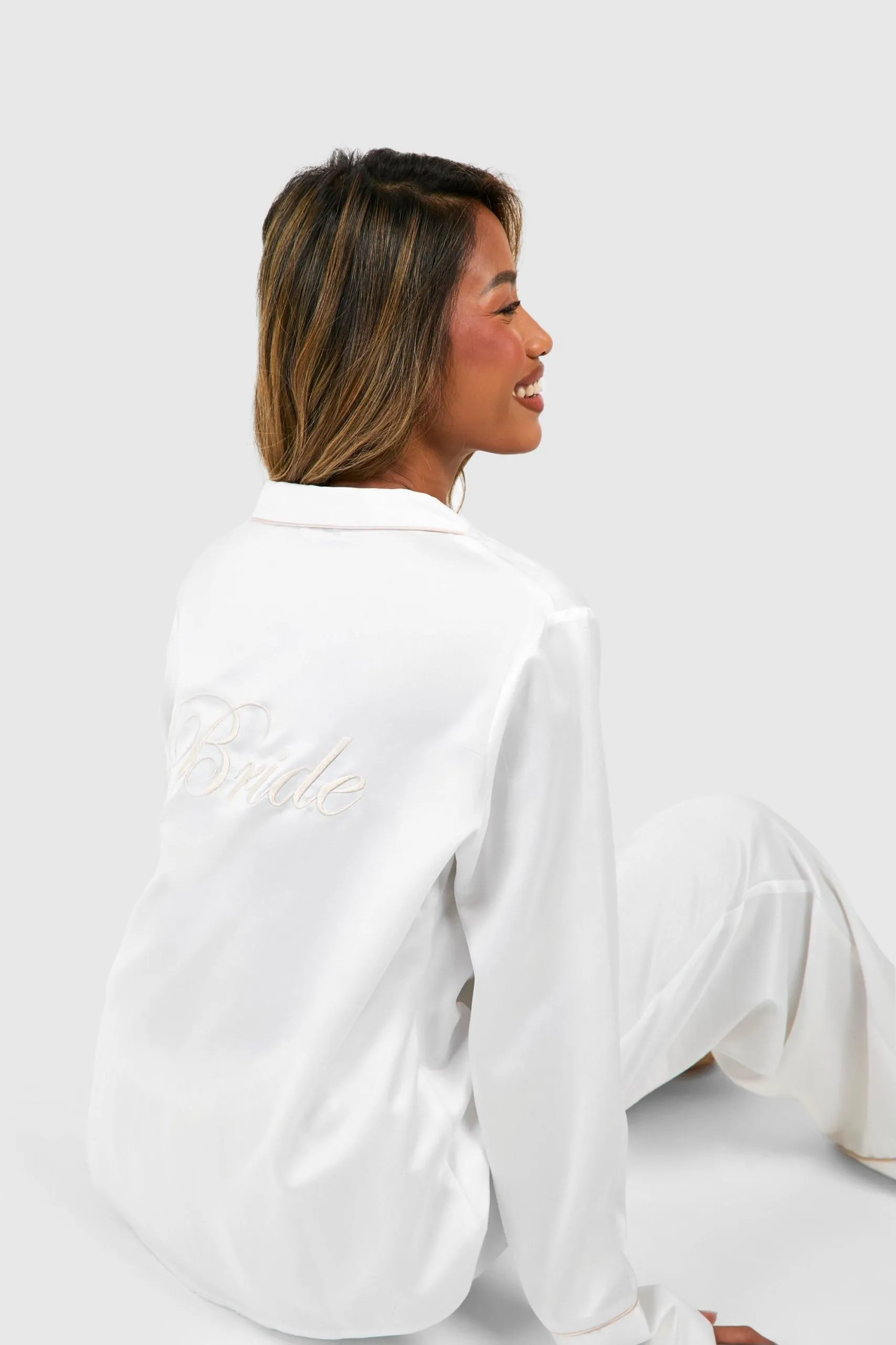 Bridal 'Bride' Satin Embroidered Long Sleeve Shirt & Trousers Pyjama Set