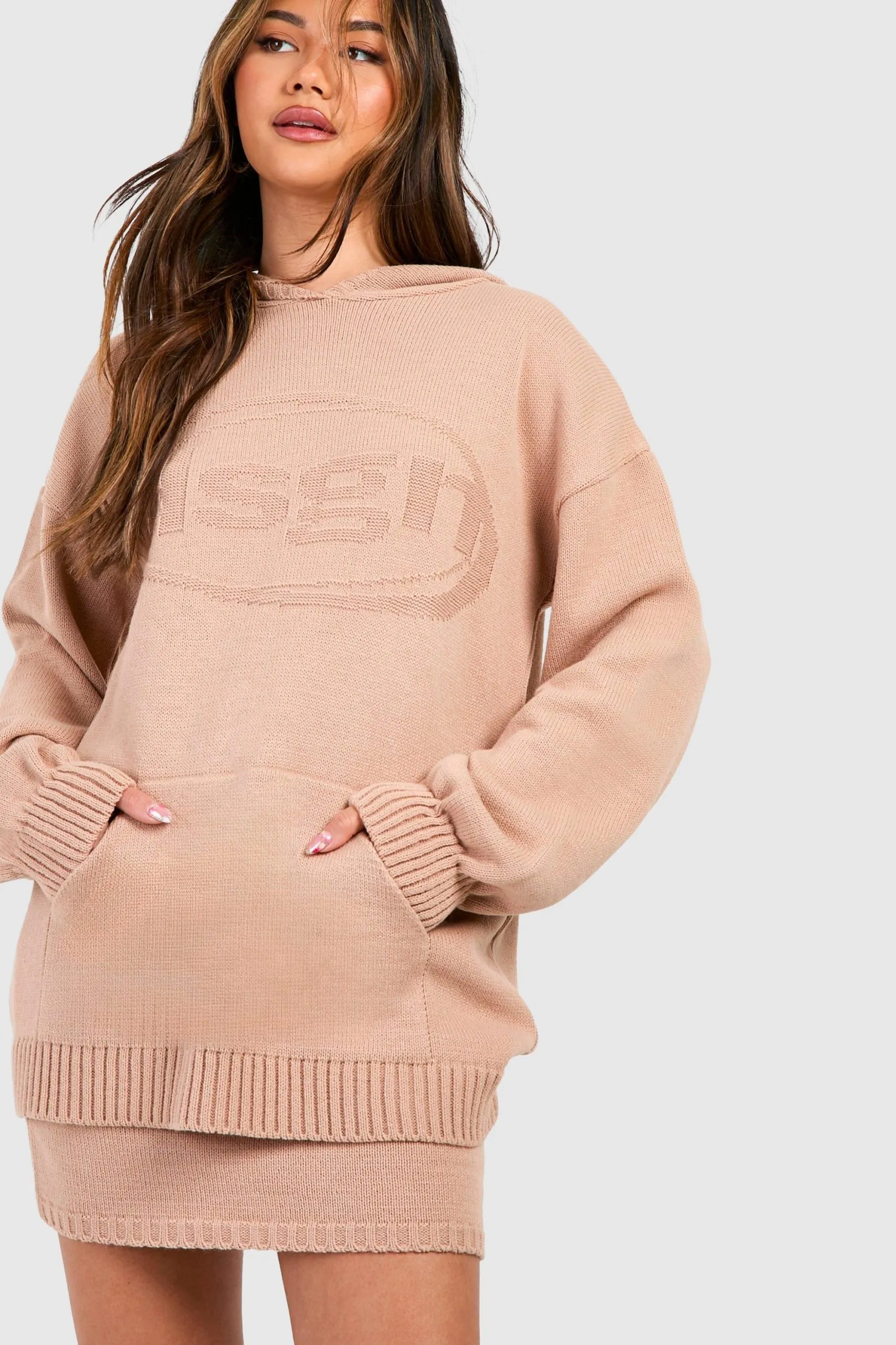 DSGN Studio Embossed Hoodie And Mini Skirt Knitted Set