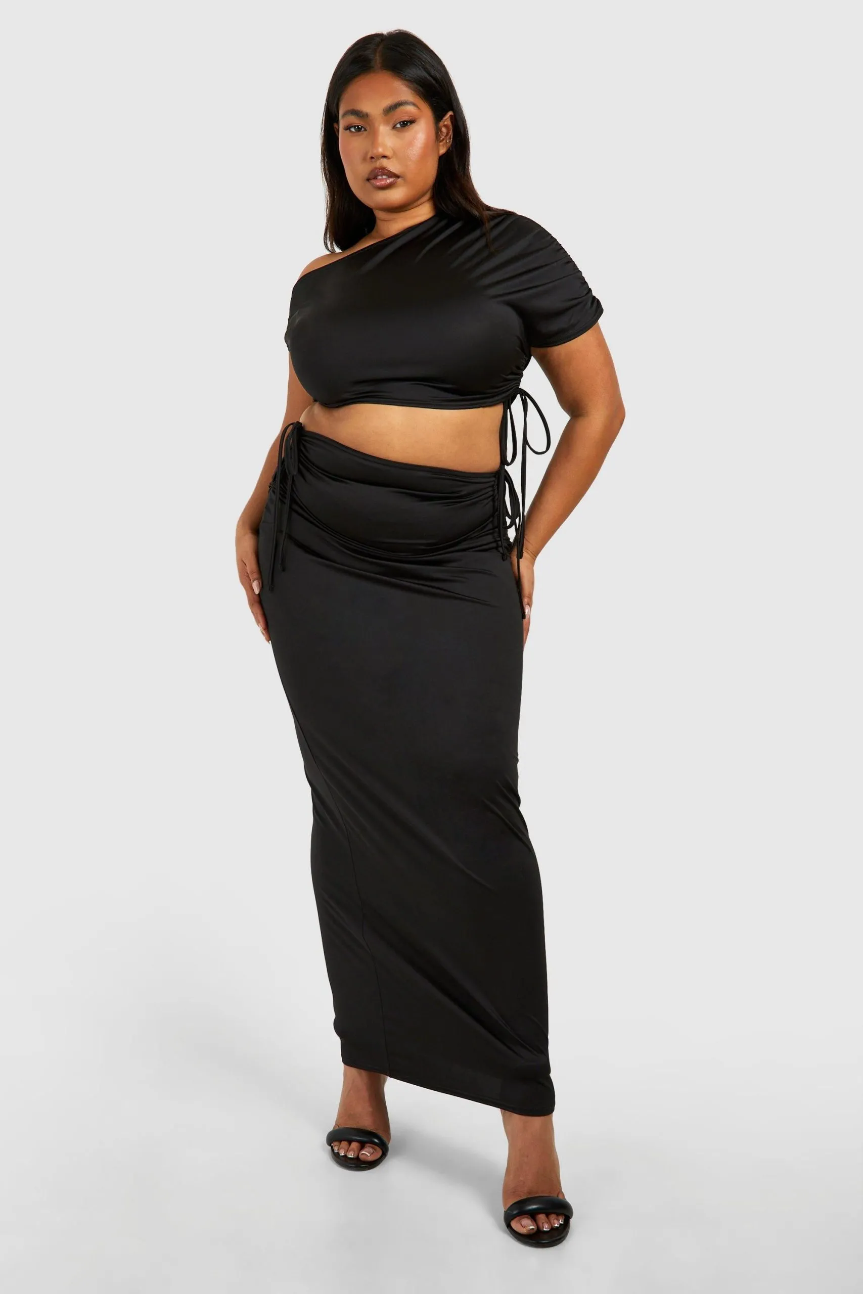 Plus Ruched Drape Shoulder Crop Top And Maxi Skirt