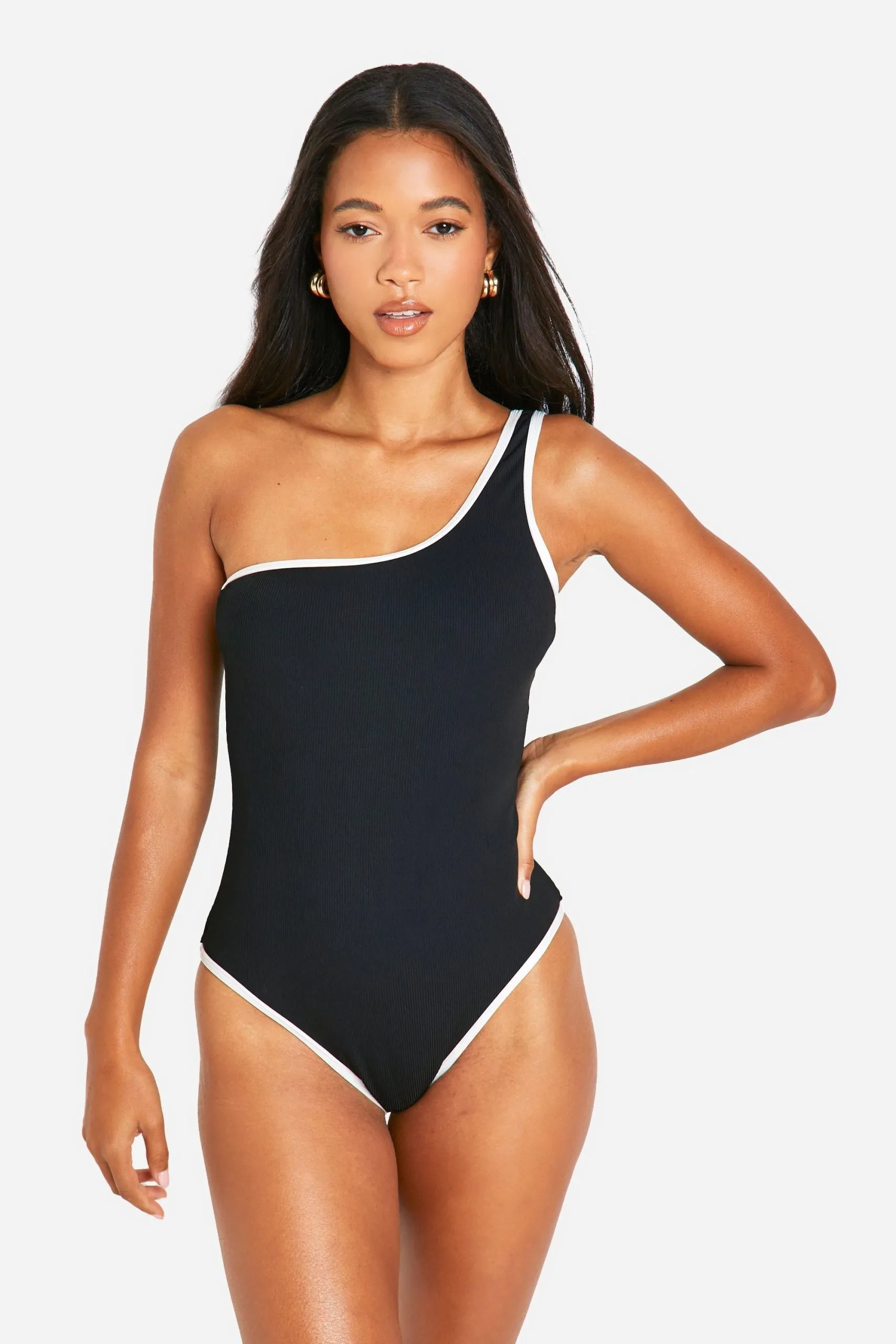 Contrast Binding Ribbed One Shoulder Swimsuit