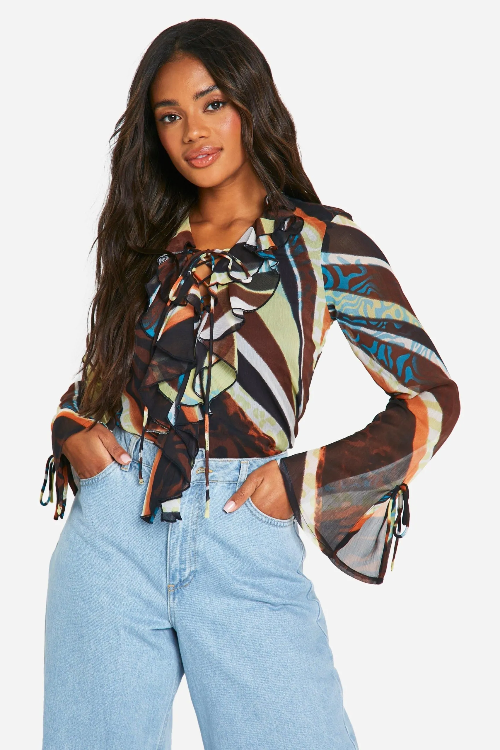 Abstract Chiffon Ruffle Blouse