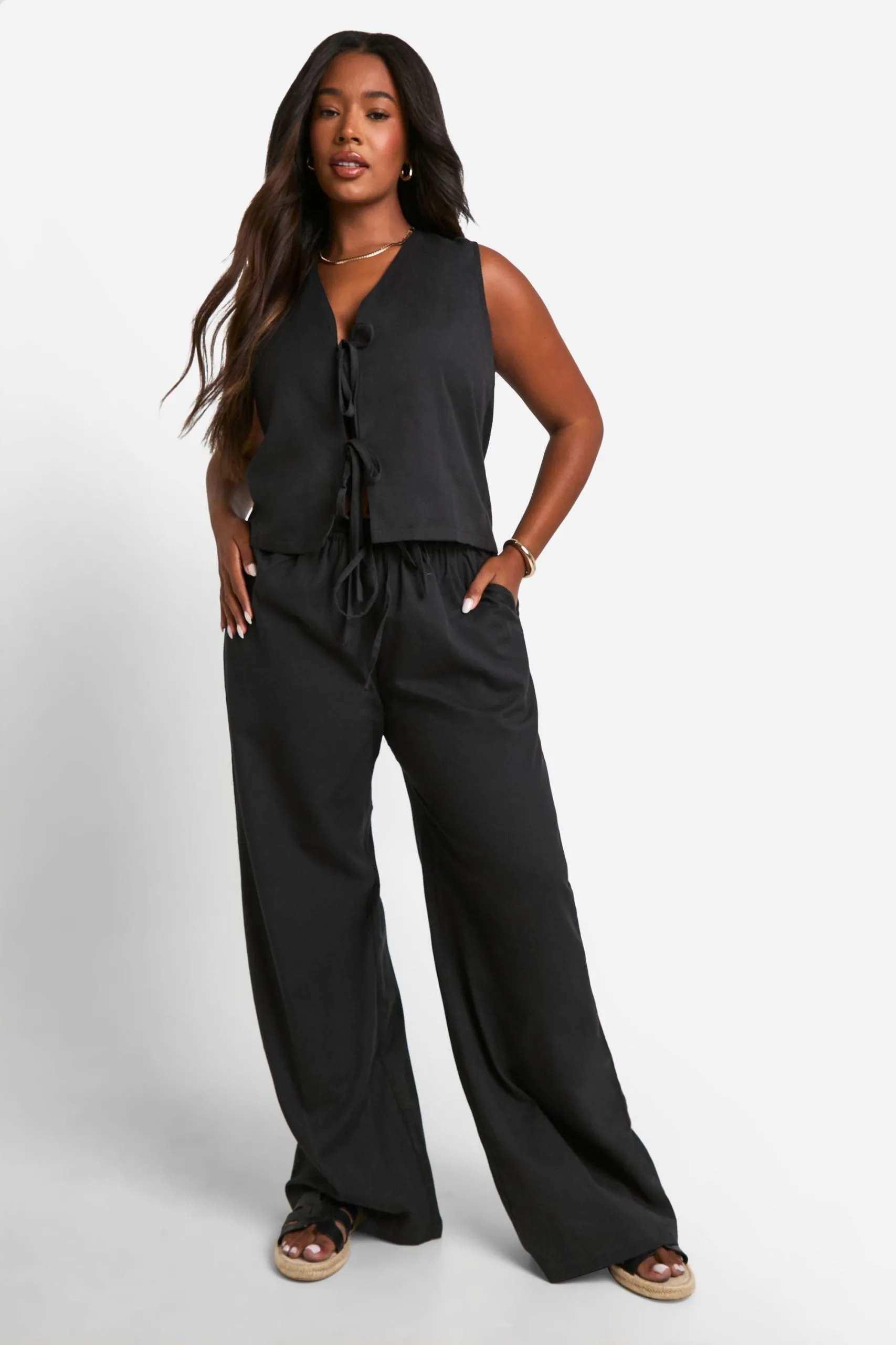Plus Linen Look Tie Front Crop & Wide Leg Trousers